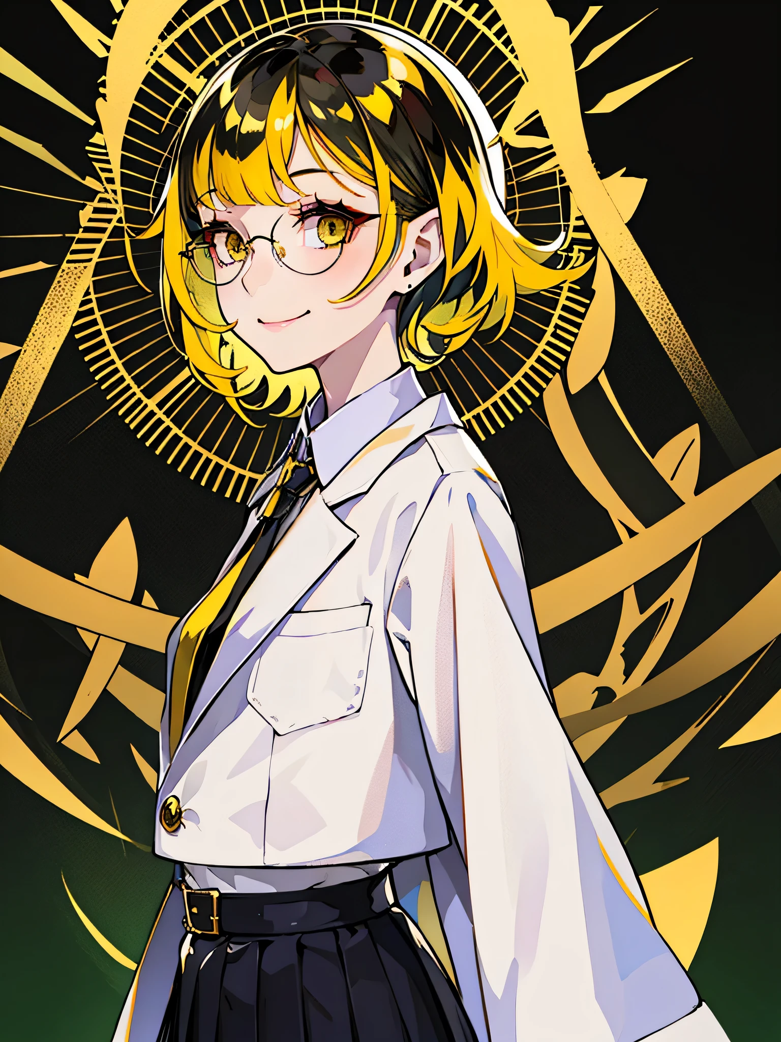 black and yellow hair standing in front of 黄色の背景, 1 girl, alone, smile、compensate、cheeks are red、short hair, yellow skirt, shirt, black hair, tie, ((doctor))、Private room、doctor style、((White long coat type white coat))、Glasses, white shirt, yellow eyes, black tie, jewelry, pleated skirt, From the side, short sleeve, collared shirt, shirt tucked in,rum \(rumダヨー\),yellow and black theme colors、The background is solid yellow、super simple yellow plain background,gentleman