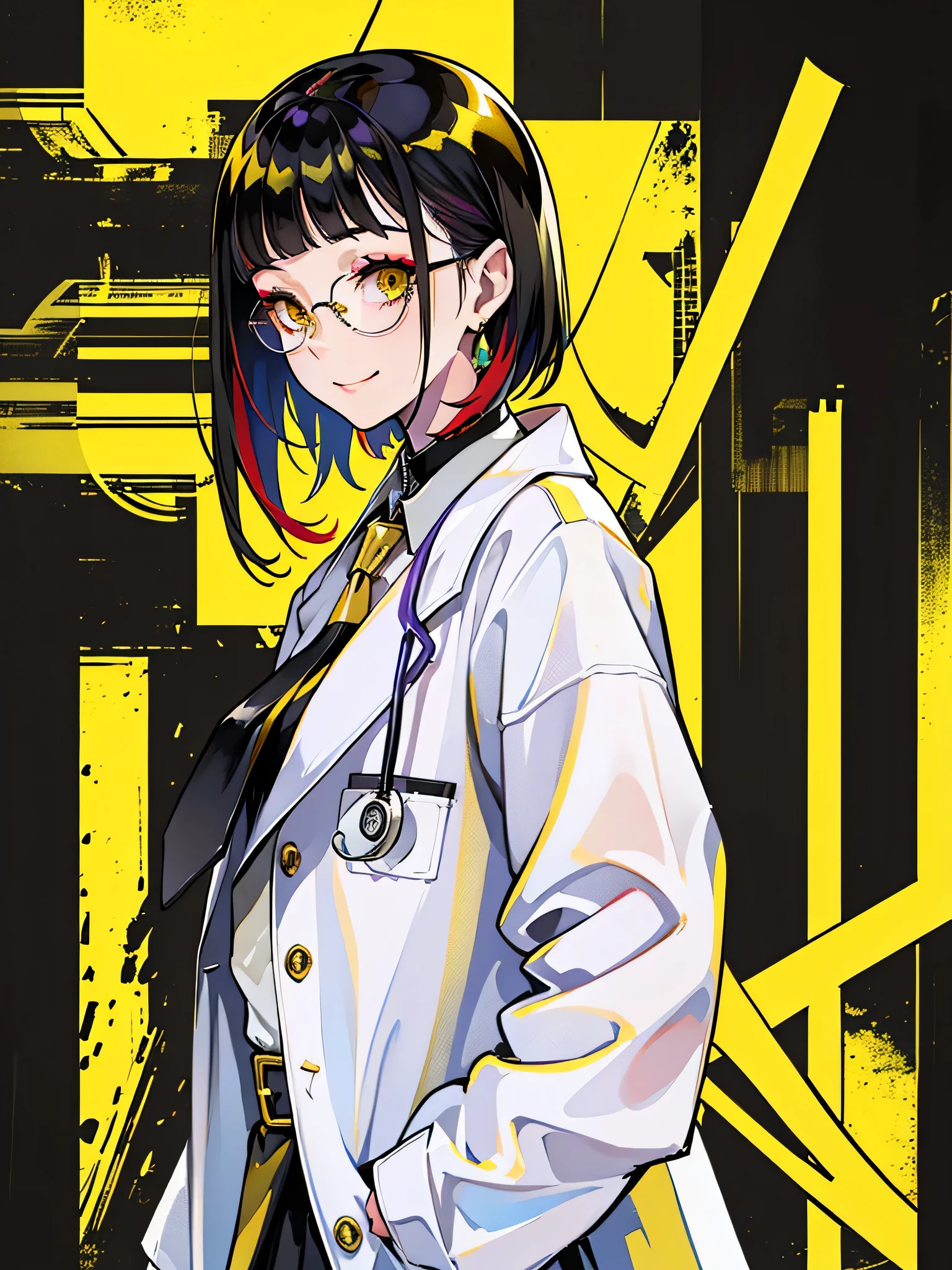 black and yellow hair standing in front of 黄色の背景, 1 girl, alone, smile、compensate、cheeks are red、short hair, yellow skirt, shirt, black hair, tie, ((doctor))、Private room、doctor style、((White long coat type white coat))、Glasses, white shirt, yellow eyes, black tie, jewelry, pleated skirt, From the side, short sleeve, collared shirt, shirt tucked in,rum \(rumダヨー\),yellow and black theme colors、The background is solid yellow、super simple yellow plain background,gentleman