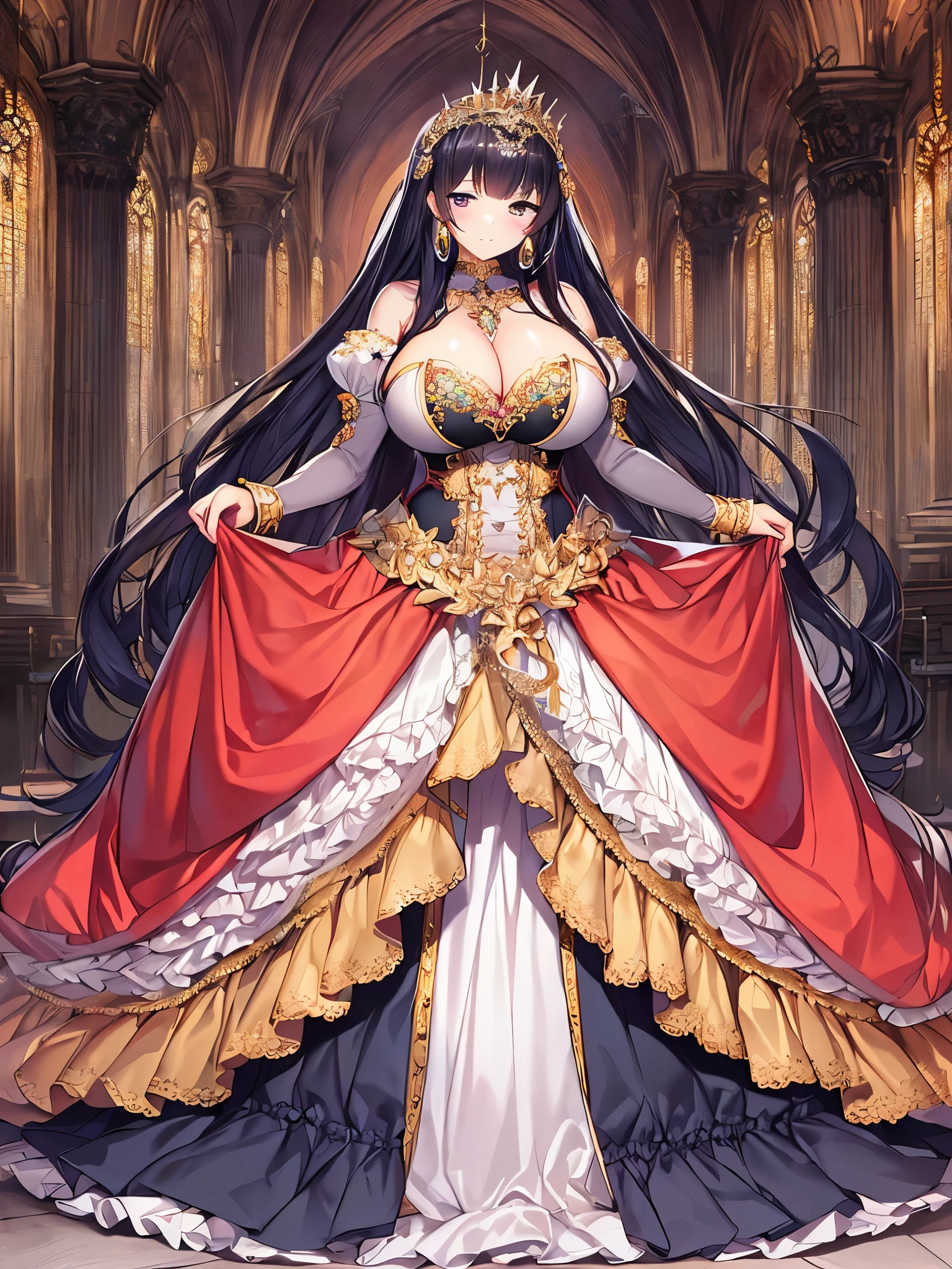 anime artstyle,Masterpiece,Best Quality,Super Detail,Very Delicate and Beautiful,Solo,((full body)),full body portrait,((1 bling-bling princess in a gorgeous embroidery rococo ballgown with jeweled)),(((very very gigantic tits,cleavage,curvy))),Skindentation,((Cathedral,church)),((crinoline,long train)),super detailed gorgeous ballgown with voluminous full length hoop skirt,gorgeous princess rococo ballgown with long train,((gorgeous princess rococo ballgown with beautiful embroidery and jeweled)),(detailed face and eyes),jewel-like eyes,((extremely voluminous straight Hair,Extremely Long Straight Hair)),extremely gorgeous hair ornament,((extremely gorgeous bling-bling big tiara)),bling-bling luxurious jewelry,Beautifully detailed lots of lace and ruffles,(Dynamic Angle),(((super detailed gorgeous princess rococo ballgown with voluminous full length hoop skirt))),full body