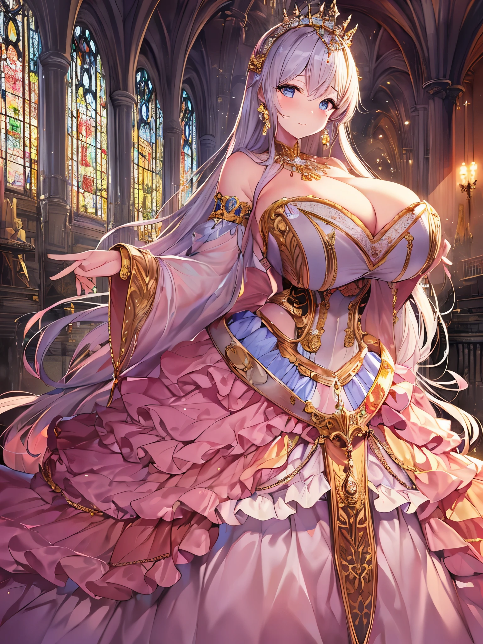 anime artstyle,Masterpiece,Best Quality,Super Detail,Very Delicate and Beautiful,Solo,((full body)),full body portrait,((1 bling-bling princess in a gorgeous embroidery rococo ballgown with jeweled)),(((very very gigantic tits,cleavage,curvy))),Skindentation,((Cathedral,church)),((crinoline,long train)),super detailed gorgeous ballgown with voluminous full length hoop skirt,gorgeous princess rococo ballgown with long train,((gorgeous princess rococo ballgown with beautiful embroidery and jeweled)),(detailed face and eyes),jewel-like eyes,((extremely voluminous straight Hair,Extremely Long Straight Hair)),extremely gorgeous hair ornament,((extremely gorgeous bling-bling big tiara)),bling-bling luxurious jewelry,Beautifully detailed lots of lace and ruffles,(Dynamic Angle),(((super detailed gorgeous princess rococo ballgown with voluminous full length hoop skirt))),full body