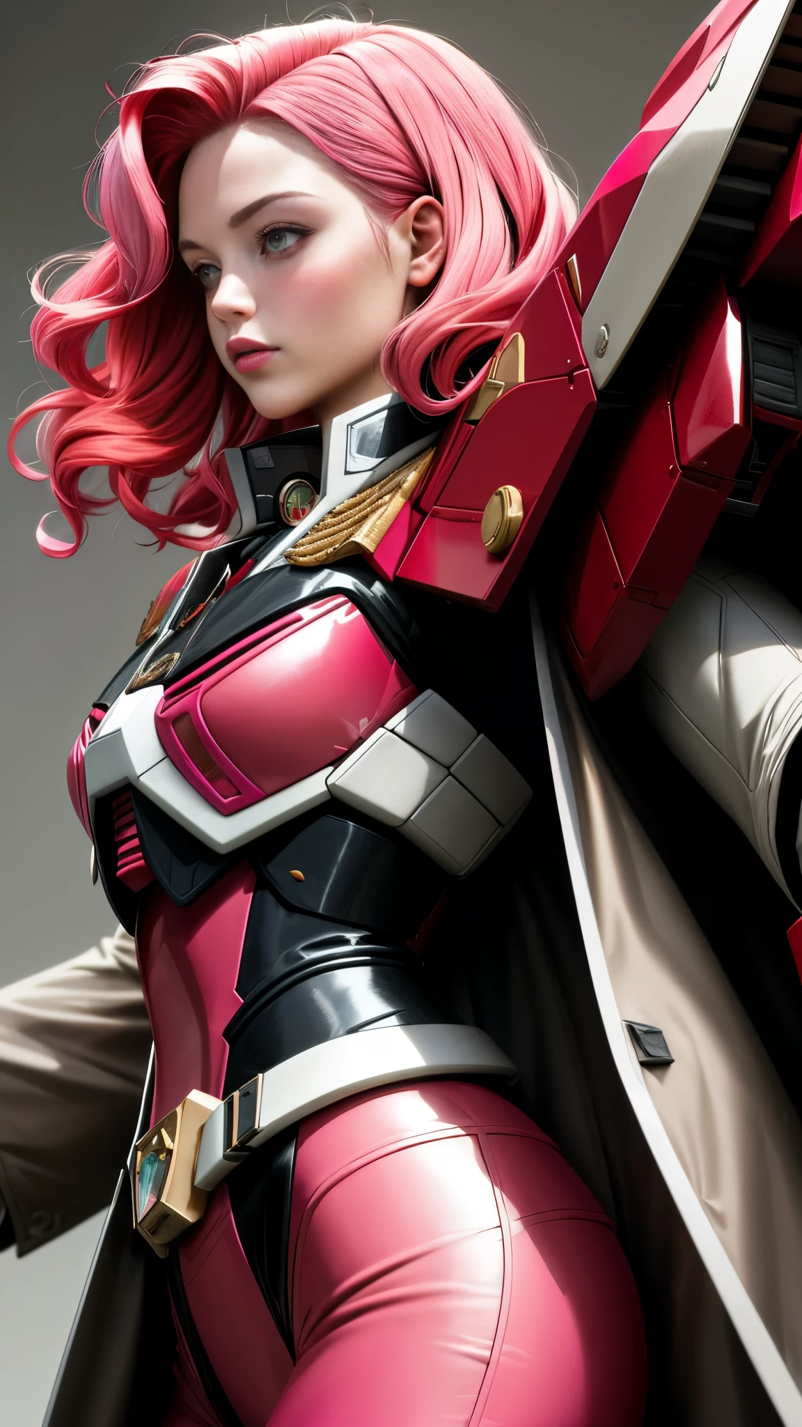 Realistic Red Sotheby Girl Photo,Side waves with a short cut,Her hair color is bright pink with red tips.,cool look,background is gray,Coat of arms of the Principality of Zeon,The 16-year-old daughter of Hamankarn and Char Aznable.,