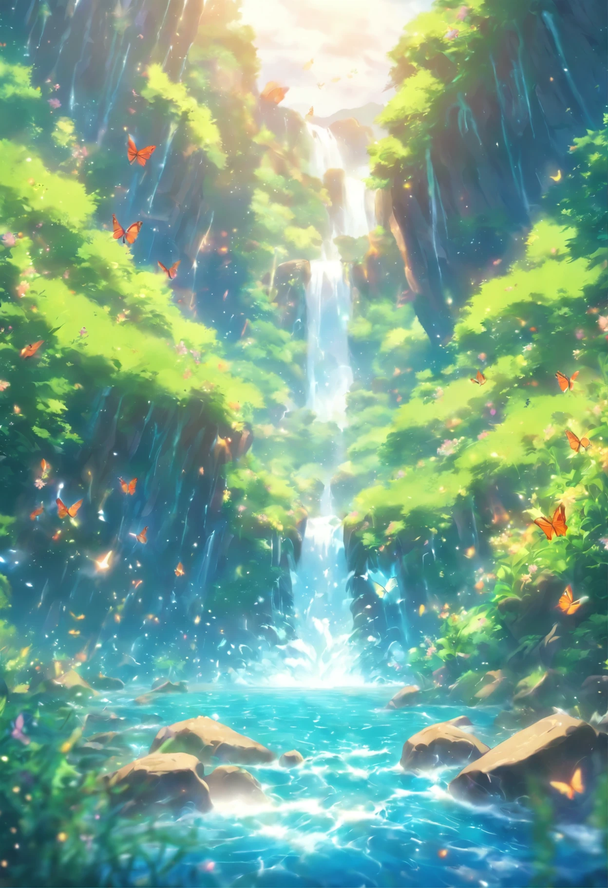 Fall,fast flowing water,Water mist,Sunlight penetrates water mist to form a rainbow,It is surrounded by dense forests,Fall下方有清澈的湖泊,Moss and ferns grow on the rocks