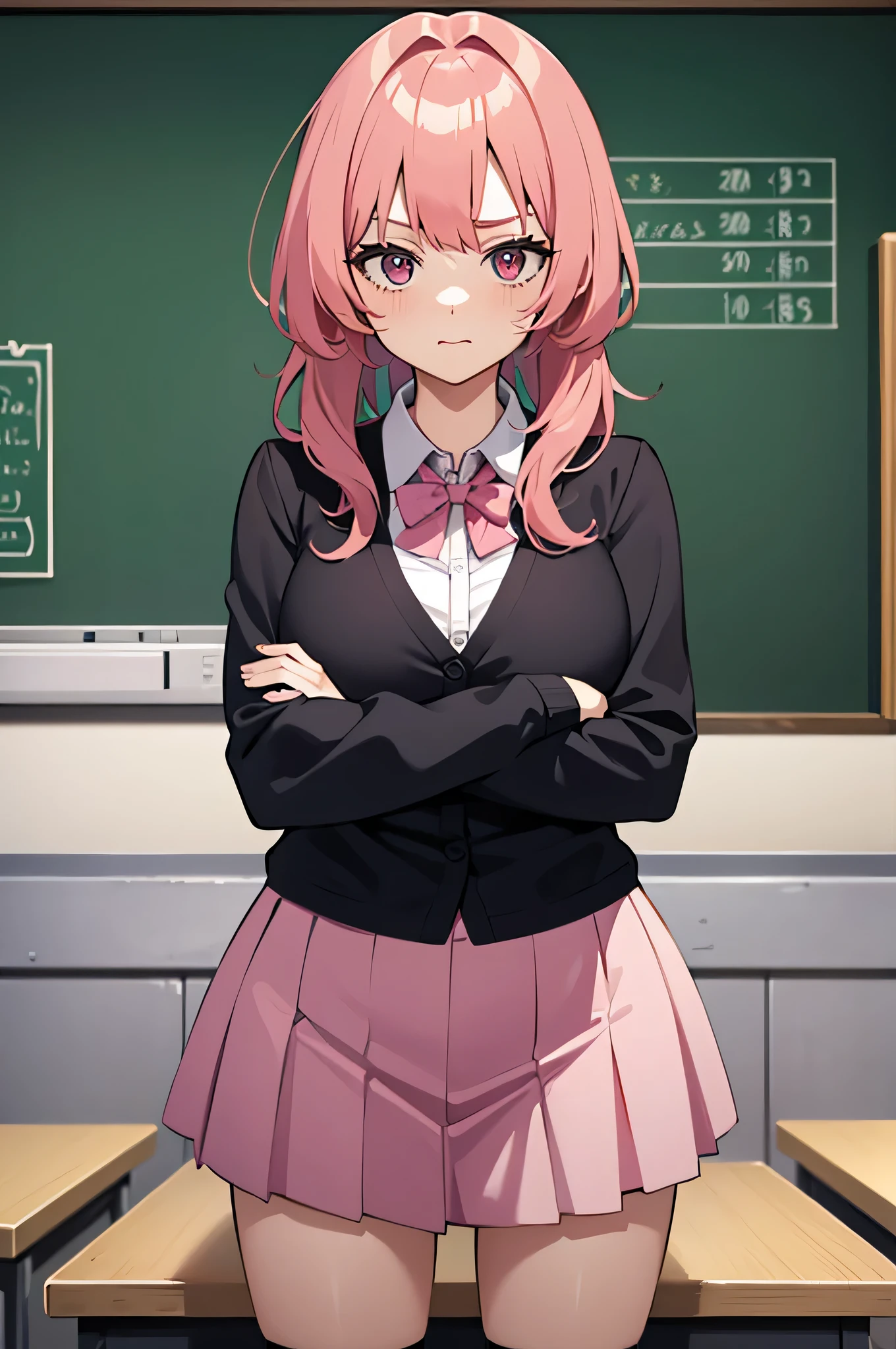 cute teacher, waifu style, large chalkboard in background with no writing, classroom environment, pink hair, farback shot, arms crossed