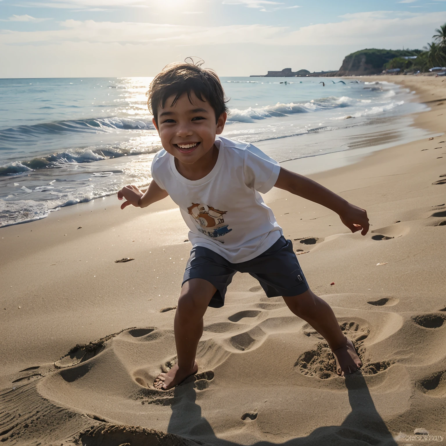 menino: Benicio, aproximadamente 5 anos de idade, cabelo curto castanho escuro estilo Disney, olhos castanhos e sorrisos. Menino Bento aproximadamente 2 anos cabelo curto  castanho claro: Camila, mother, 40 years old, cabelos pretos e olhos verde, Boni pai 48 anos, cabelo curto, e crespo. scenecy: are on Ipanema beach at the bottom of two brothers hill, ao por do sol , todos de roupa de banho, Highlighting the sunset and the two brothers hill in the background.