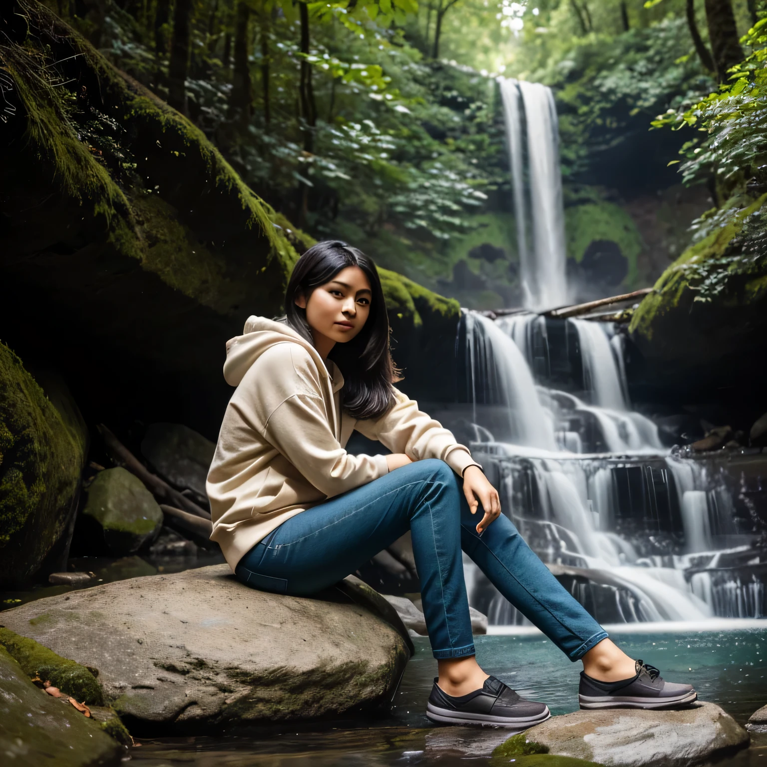 TYPE : Beauty Photography
THEME : nature
RACE : Indonesian, young
PERSON 1 : Early 20s, woman
SCENE : outdoor, sitting on stone ,beautiful waterfall, the natural beauty of forests and waterfalls ,
PROPS: : beautiful waterfall, green trees , midday , blue sky , wearing hoodie sweater and long trouser jeans
CAMERA : photographed using an Canon eos 90d DSLR camera with 18-135mm lens , skin texture , detailed face , close up
ANGLE : High Dynamic Range (HDR) shot