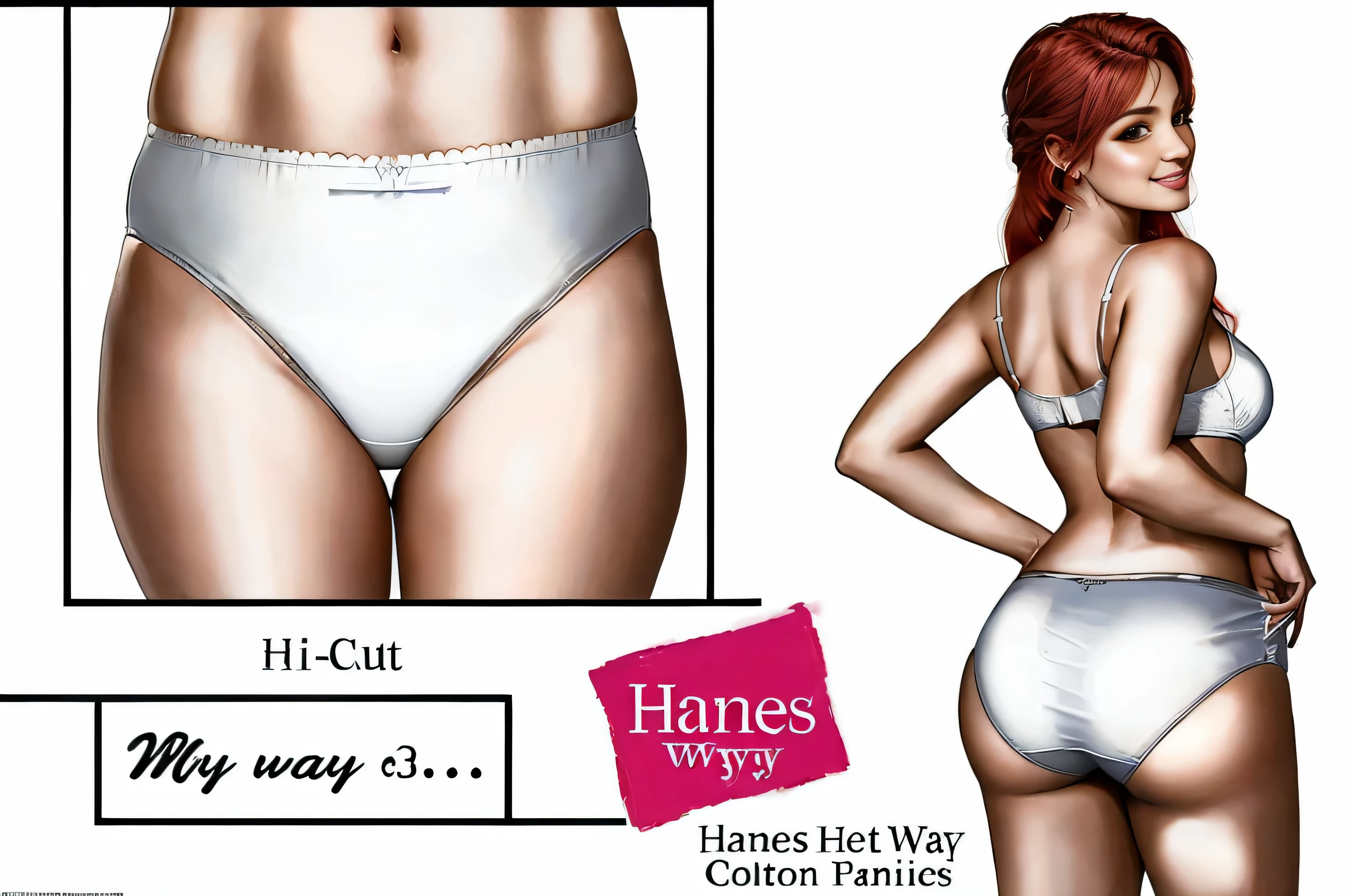 ((masterpiece, best quality)), ((33 year old)), (((Curvy))), (((Latina with long red hair))), green eyes, in white bra, adjusting her ((white fullback cotton panties)), (((Large Hips))), smiling, ((Cropped front shot in upper left corner of white high cut panties)), ((Text saying" My way is Hi-Cut Hanes her way panties")), (((realistic art style)))