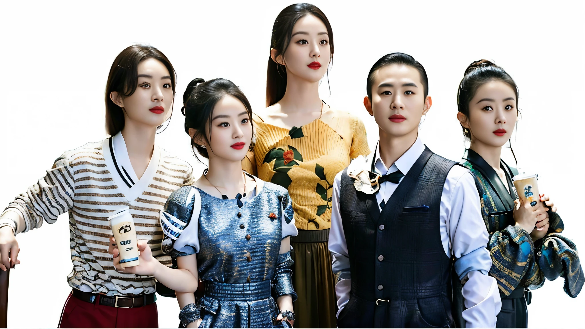 photo of a group of people,Milk in hand， looks smart, picture, with brilliant, lulu chen, high drama, background, By Fei Danxu, It&#39;s drama, tv still, 宣传picture, propaganda art, inspired By Fei Danxu, look to the right, Like Andy Lau