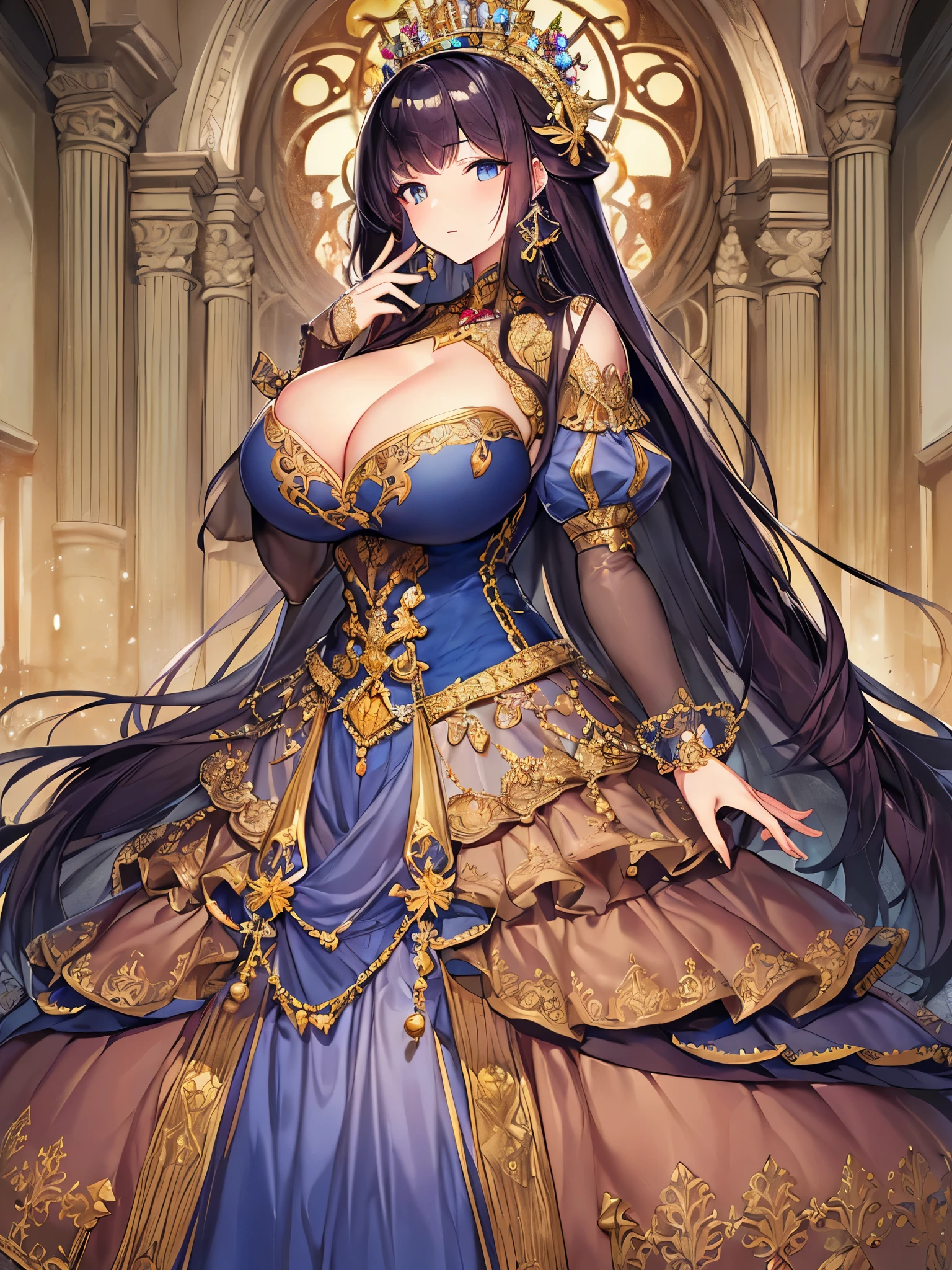 anime artstyle,Masterpiece,Best Quality,Super Detail,Very Delicate and Beautiful,Solo,((full body)),full body portrait,((1 bling-bling princess in a gorgeous embroidery rococo ballgown with jeweled)),(((very very gigantic tits,cleavage,curvy))),Skindentation,((Cathedral,church)),((crinoline,long train)),super detailed gorgeous ballgown with voluminous full length hoop skirt,gorgeous princess rococo ballgown with long train,((gorgeous princess rococo ballgown with beautiful embroidery and jeweled)),(detailed face and eyes),jewel-like eyes,((extremely voluminous straight Hair,Extremely Long Straight Hair)),extremely gorgeous hair ornament,((extremely gorgeous bling-bling big tiara)),bling-bling luxurious jewelry,Beautifully detailed lots of lace and ruffles,(Dynamic Angle),(((super detailed gorgeous princess rococo ballgown with voluminous full length hoop skirt))),full body