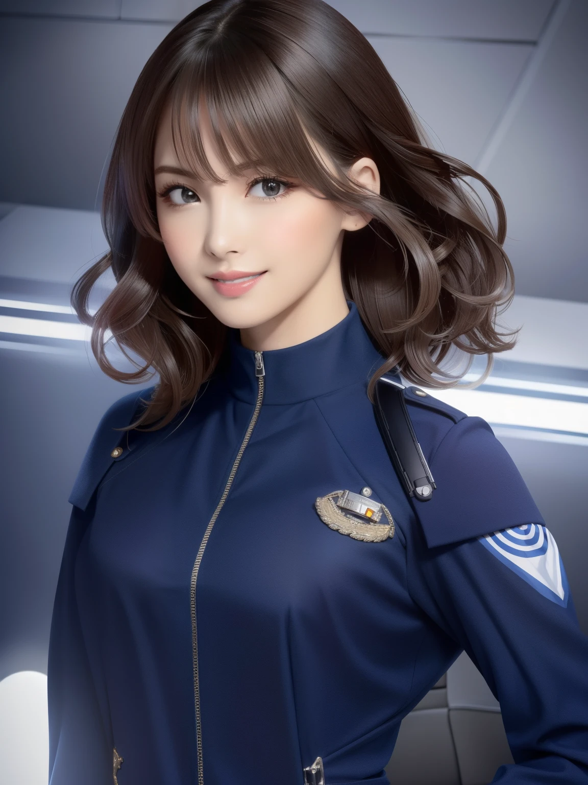 High quality ultra-realistic female images.  The woman is of mixed Native American and Jewish descent..  powerful features, Fair skin.  dark brown curly hair, black eyes.  A woman is wearing a semi-futuristic combat uniform.  she has a gun and knife strapped to her body.  beautiful woman is smiling.  her eyes glitter with hatred.