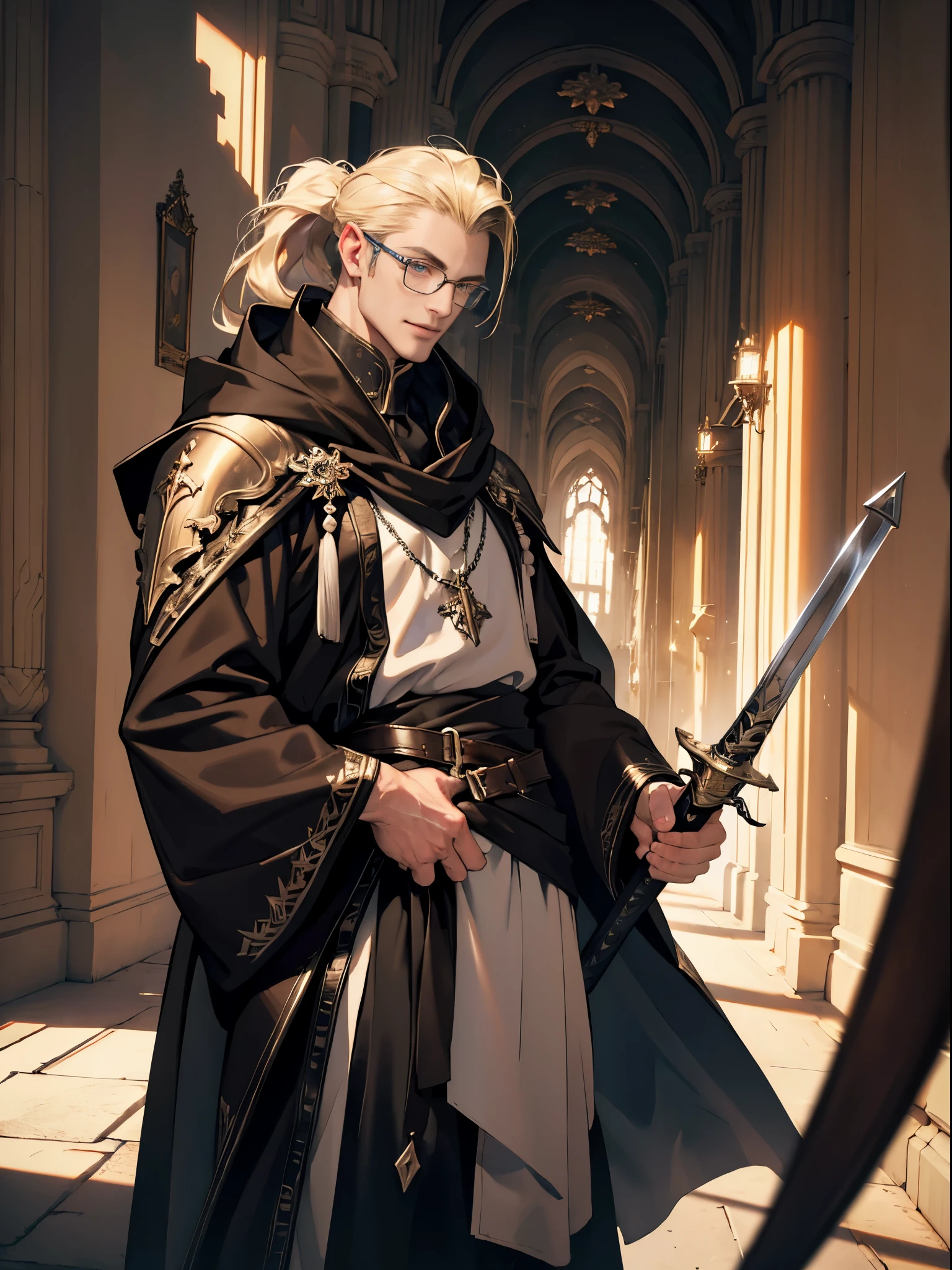 (((((male))))), masterpiece, ultra detailed, 8K Portrait, Raw photo, man's portrait photography, Highly detailed face, beautiful and meticulous eyes, ((Fantasy)), 35 years old (((man))), (((Male body))), elf, 190 cm, tall, Glasses, ((Blonde)) Ponytail (((slick back hair))), Kind face, Smile, adventurer, Hooded (((Dark brown silk long cloak))) Fluttering in the wind, (((Male White Plate Armor))), Leather boots, Holding a long magic sword, Midday Sun, Hyper realistic, Strong body, Long legs, in a castle, Ambient lighting, Shadow details , Camera focus on face, strong breeze, Light fog