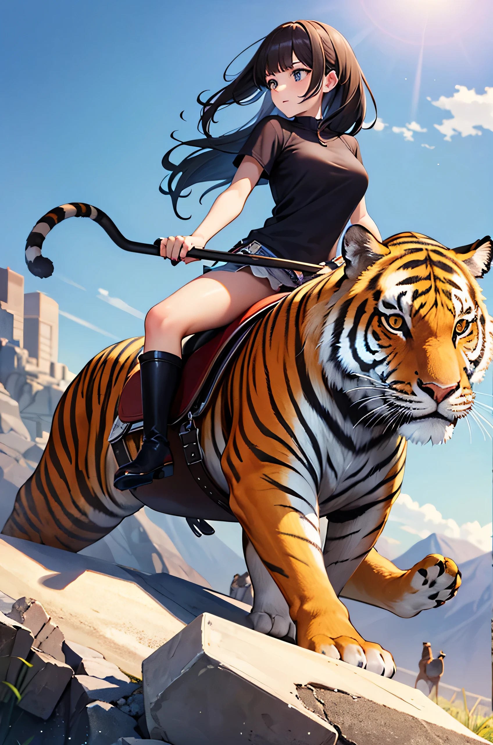 Cute girl, Riding on a very large tiger, Riding on the back of a tiger, full body, The tiger attacks, sexy body, sexy, sex, porn