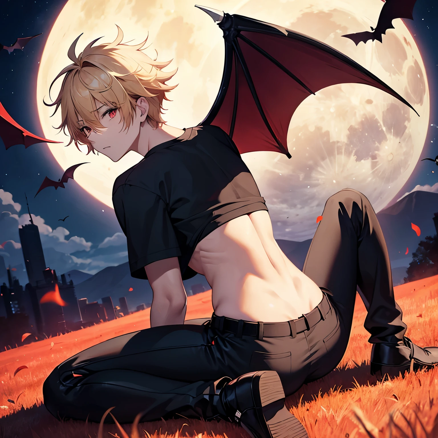 male, 20 years old, short blonde hair, messy hair, prostrate facing backwards, expression of pain, bat wings emerging from his back, bright red eyes,red aura around him, on the grass hill, at night, beautiful moon, black t-shirt, black trousers, full body photo, portrait, ultra detail, ultra HD