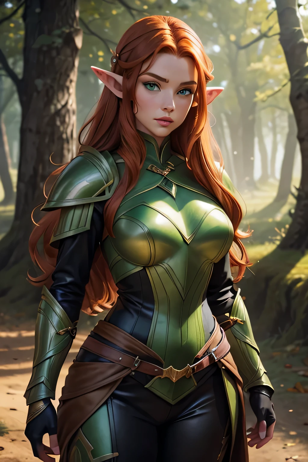 8K portrait of a beautiful elf woman with a very curvy figure, long auburn hair, small pointed ears, green eyes, full lips, and pale skin, wearing leather armor