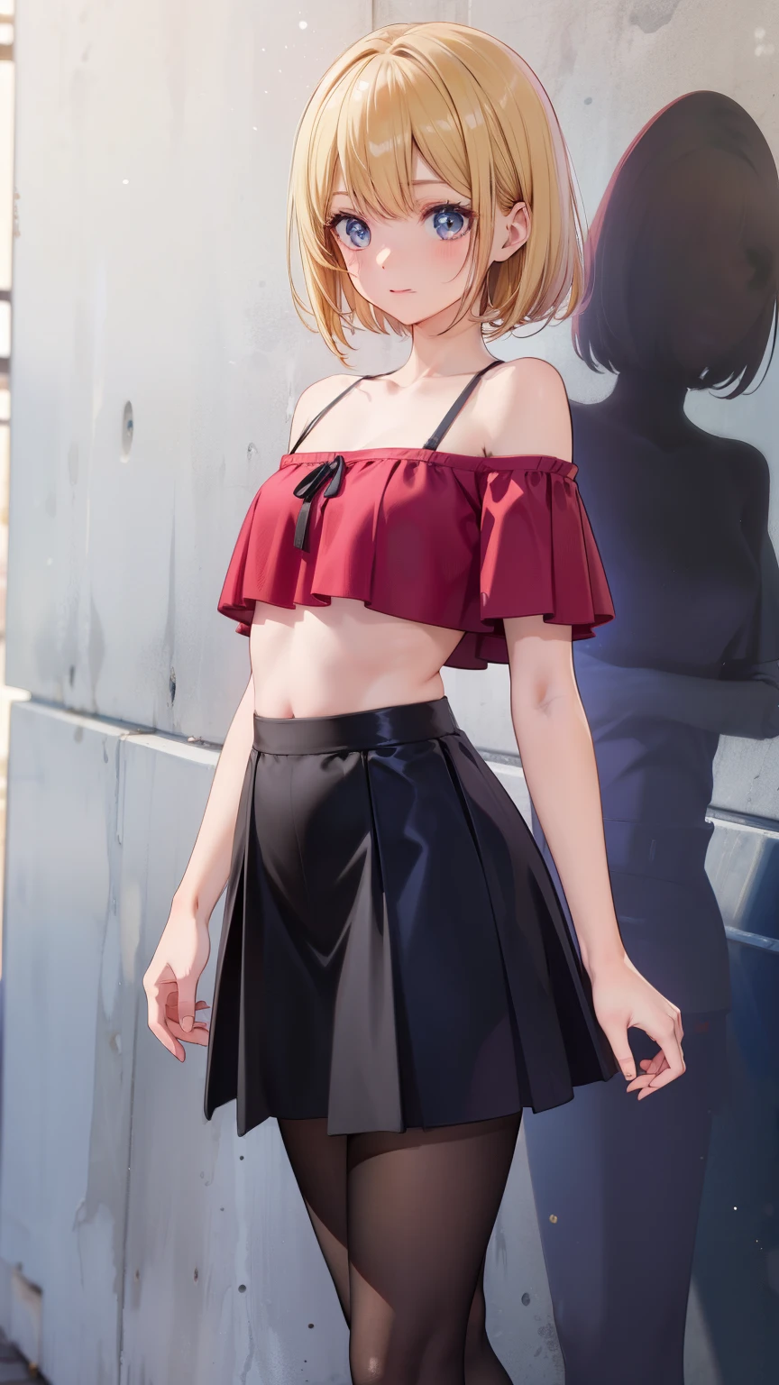 masterpiece,high quality,high detail,anime style,whole body,slender,sexy,cute,blonde,bob,bangs bangs,red tops,off shoulder,black mini skirt,black tights,small breasts,small breasts,slim figure,Standing picture,front