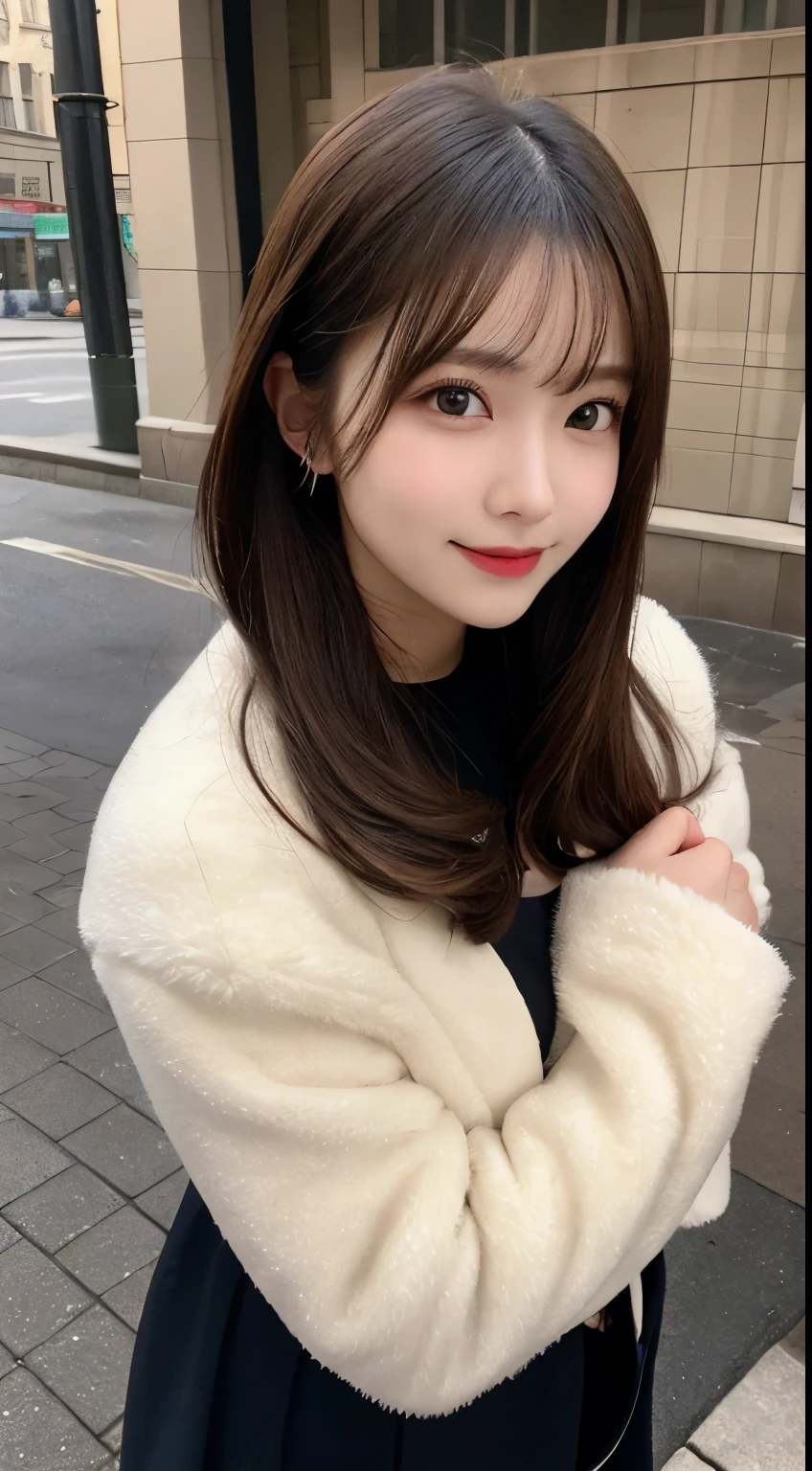 table top, highest quality, shape, Super detailed, finely, High resolution, 8k wallpaper, 完璧なダイナミックな構shape, beautiful and detailed eyes, luxury mink coat(long sleeve dresium hair, small breasts, natural color lip, random sexy pose,smile,big city、20 year old girl、midnight、beautiful and detailed face、perfect and beautiful face,Big eyes、real photos(best image quality)、Standing position、Taken from above the knees towards the face