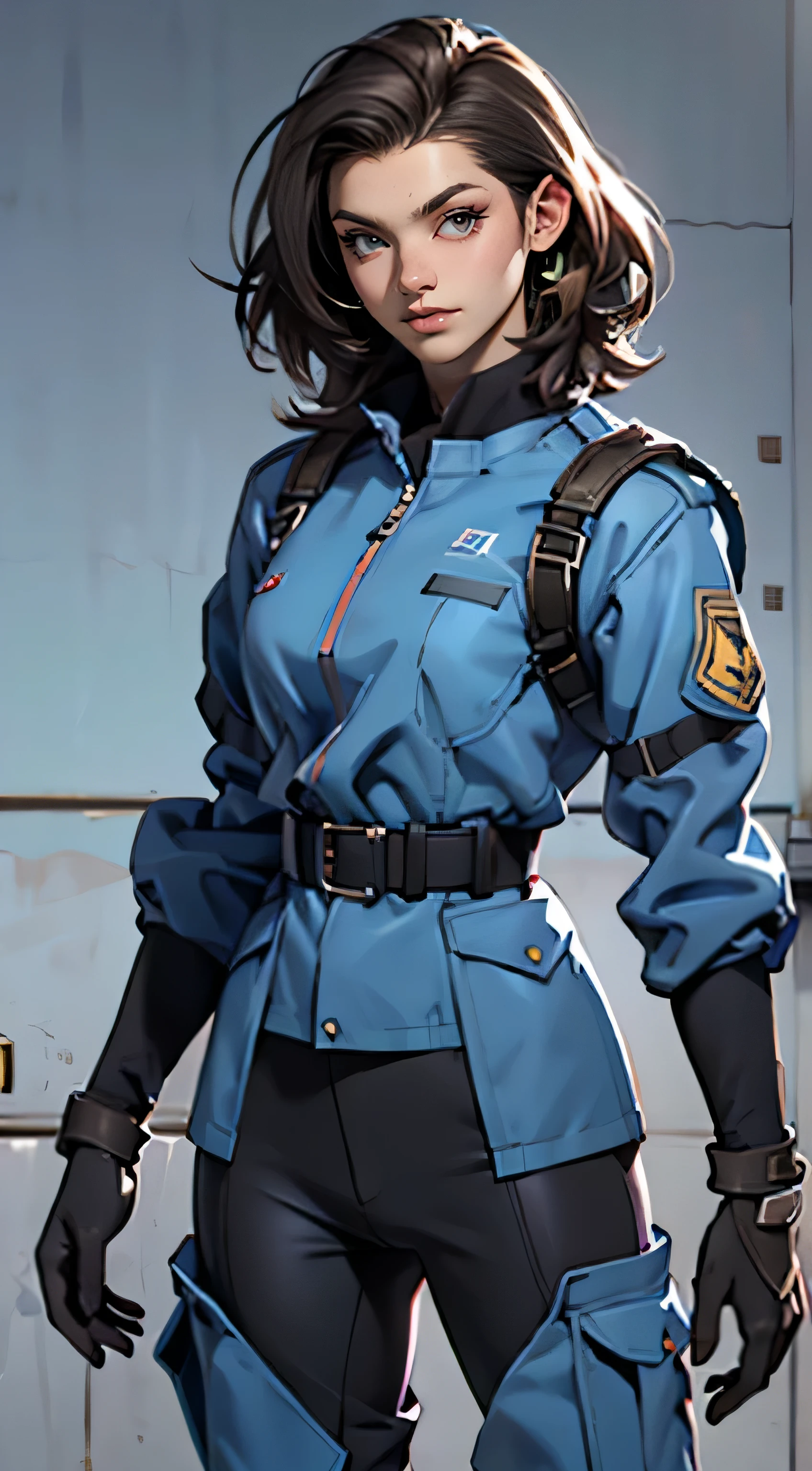 11:23(((best quality: 1.4))),(An unparalleled masterpiece), (super high quality),(Hyper-realistic 8K CG)、(black hair) ((( Body))), (((1 girl in))), 25-year-old American soldier with perfect Body,,Beautiful and well groomed face,muscular Body:1.2,Solid Royal blue jacket with details, (Pictures from head to thighs), Complex equipment, Royal blue,Pants,The clothes inside are dark,Clothes with armored metal electronic parts, )
