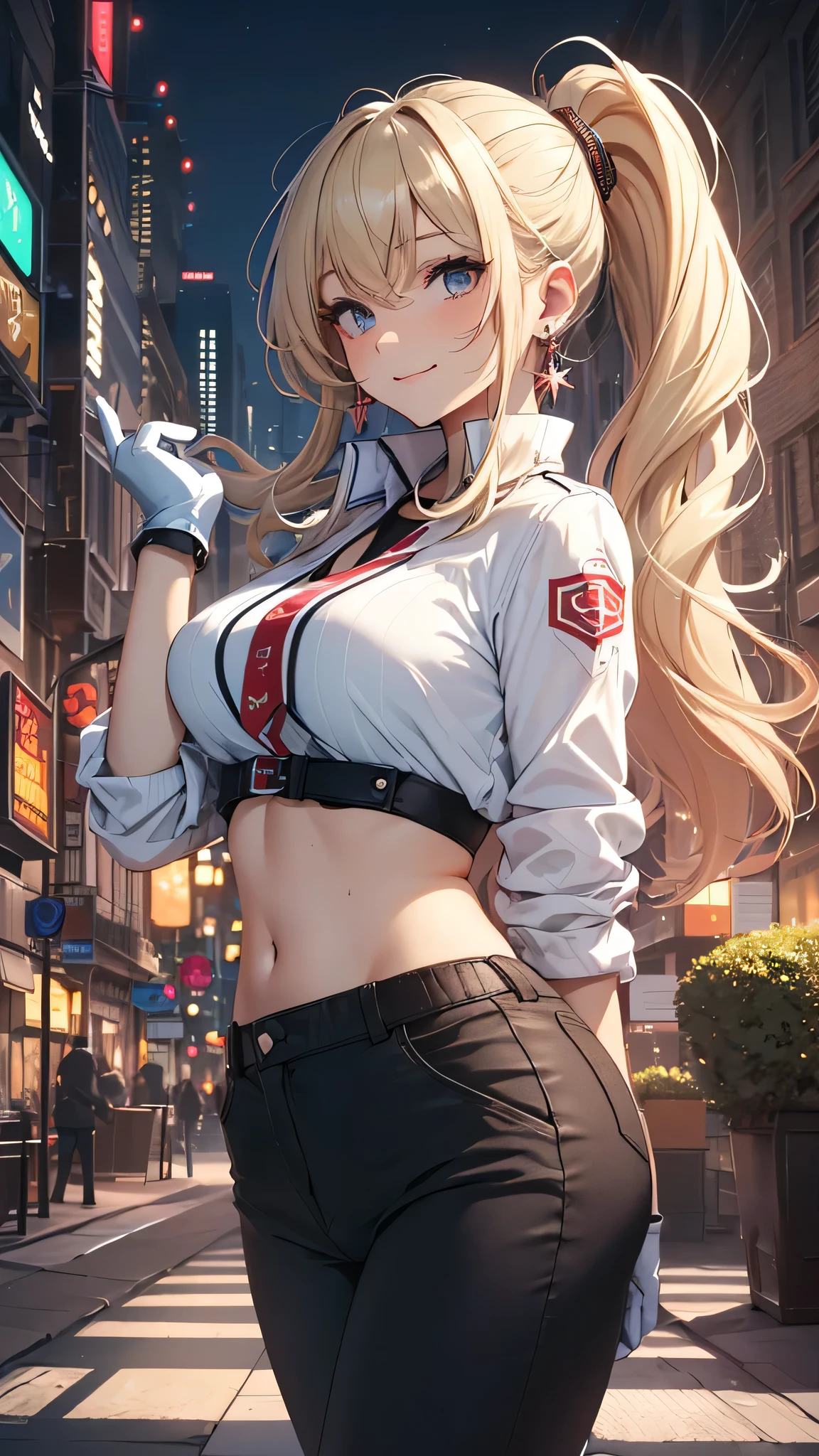 最high quality、best image quality、masterpiece、girl((20-year-old、 By becoming、vest bust、medium bust,wide open breast tea、shining eyes, blonde、long hair、thin,highest valley、ponytail、Very short shirt、short belly sports pants、cool pose、Please bring your smartphone、sweating、smile、forward leaning movement、diamond earrings、white gloves)),high quality、beautiful art、background((Rooftop with great atmosphere at night、beautiful illumination))、Flight、debris flies、Depth of written boundary、movie、visual art、perfect art、8k,genuine、