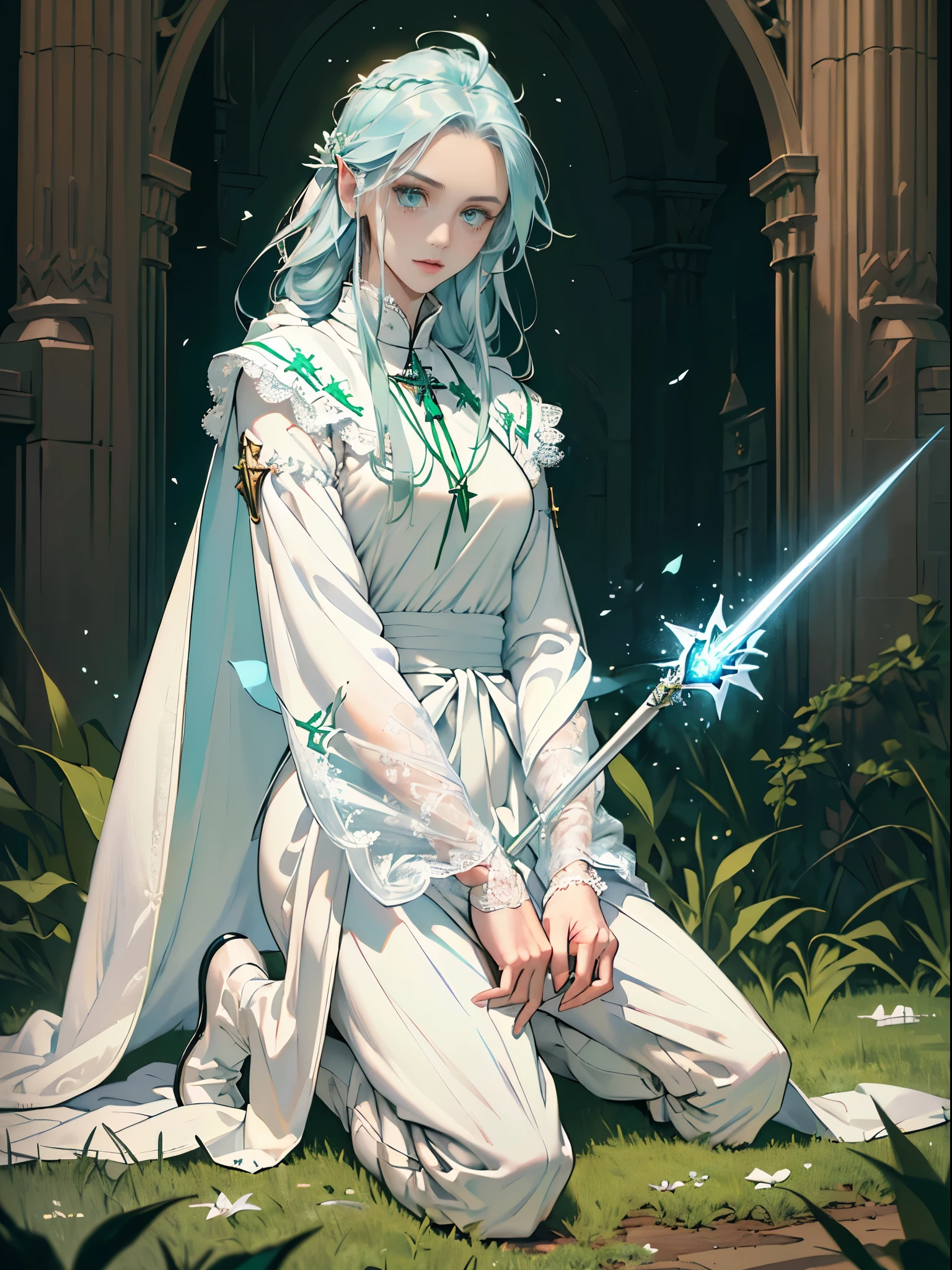 masterpiece, ultra detailed, 8k portrait, RAW photo, portrait photography, Highly detailed face, beautiful and meticulous eyes, ((Fantasy)), Young beautiful, (((Female priest))), (((((wariza))))), ((light blue long thin hair)), ahoge, forehead, Gentle face, White skin, (((green and white puffy sleeve lace priest robes))), ((brown cape)) Fluttering in the wind, (((lowleg kneel length pants))), Leather boots, ((((equip a magic wand)))), Midday Sun, Hyper realistic, Body model, Small breasts, Beautiful breasts, Long legs, in the medieval adventurer's guild, Ambient lighting, Shadow details, Camera focus on face, strong breeze, Light fog, (((((Intense light is overflowing from the source)))))