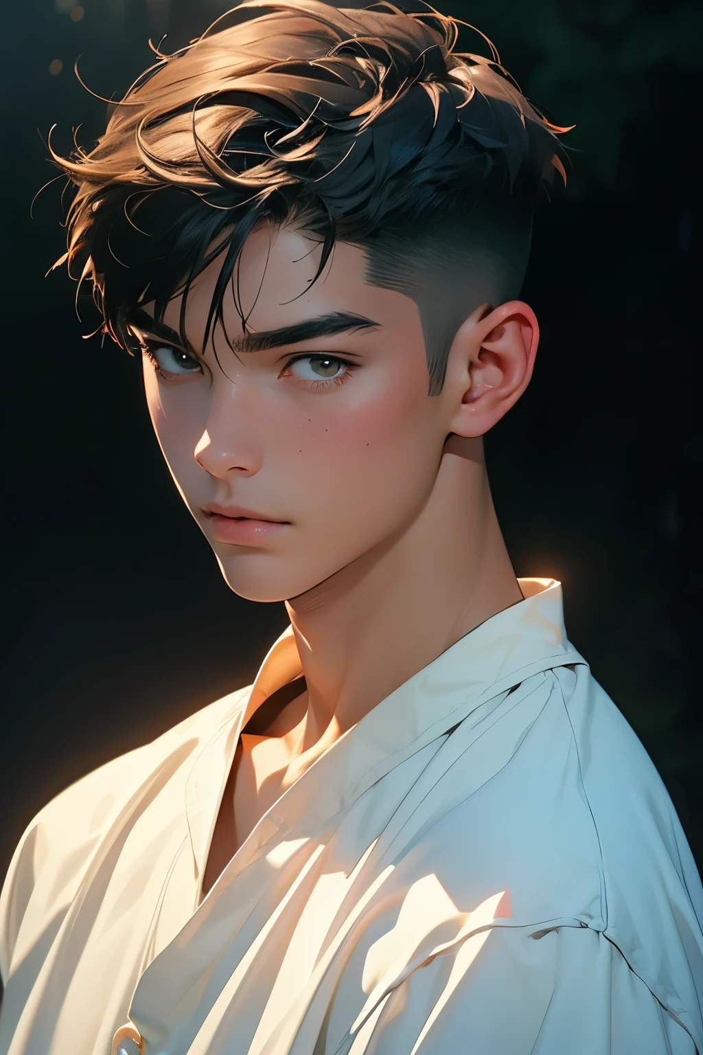 ((1boy)),brush cut,(short hair),upper body,Upper body nudity,strong,best quality,masterpiece,highres,original,extremely detailed wallpaper,perfect lighting,(extremely detailed CG:1.2),