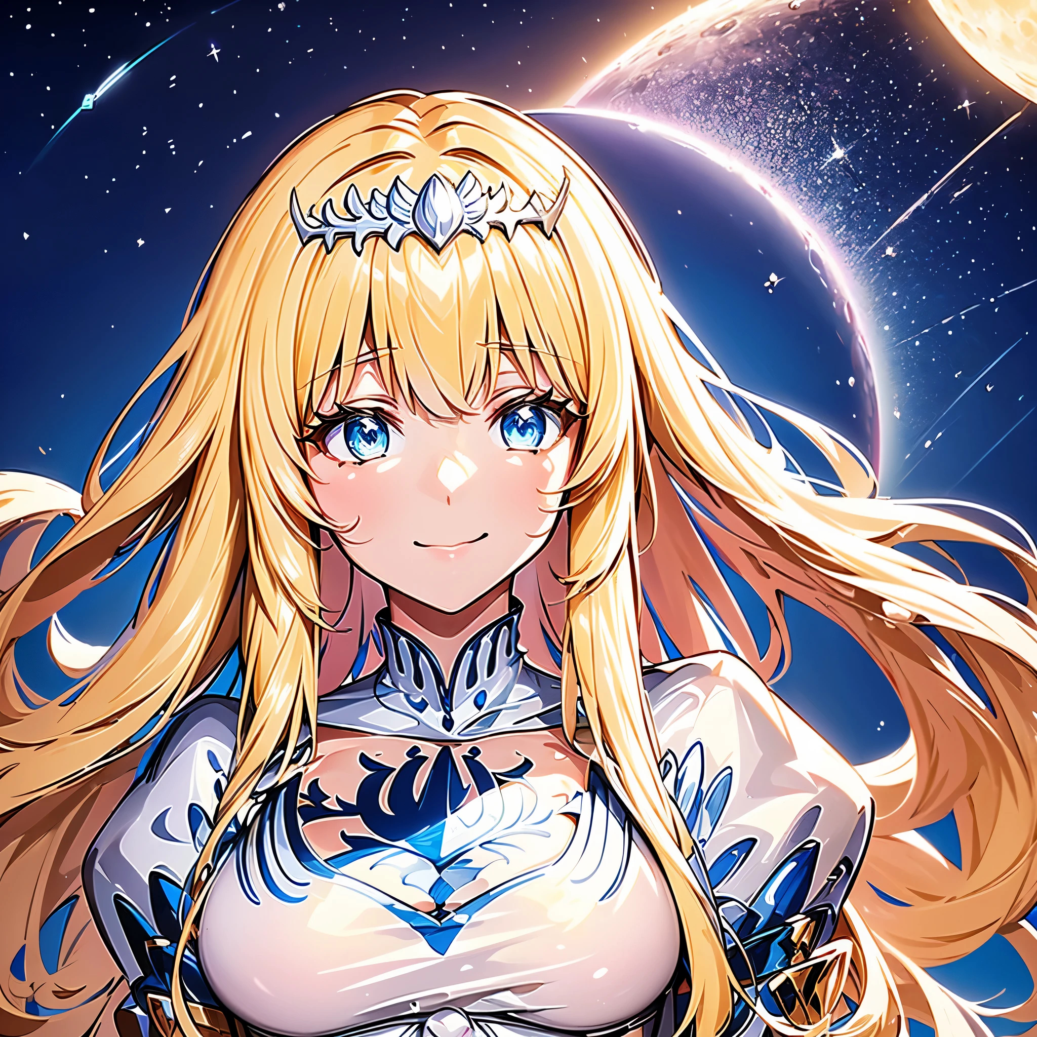 sparkling eyes,,feather hair ornament,Fantastic, highly detailed very beautiful big smile face, beautifully detailed hair, solo,superfine illustration,night sky,full moon, 1girl, Calca, blonde hair, extremely long hair, white tiara, white dress, blue eyes, medium breasts