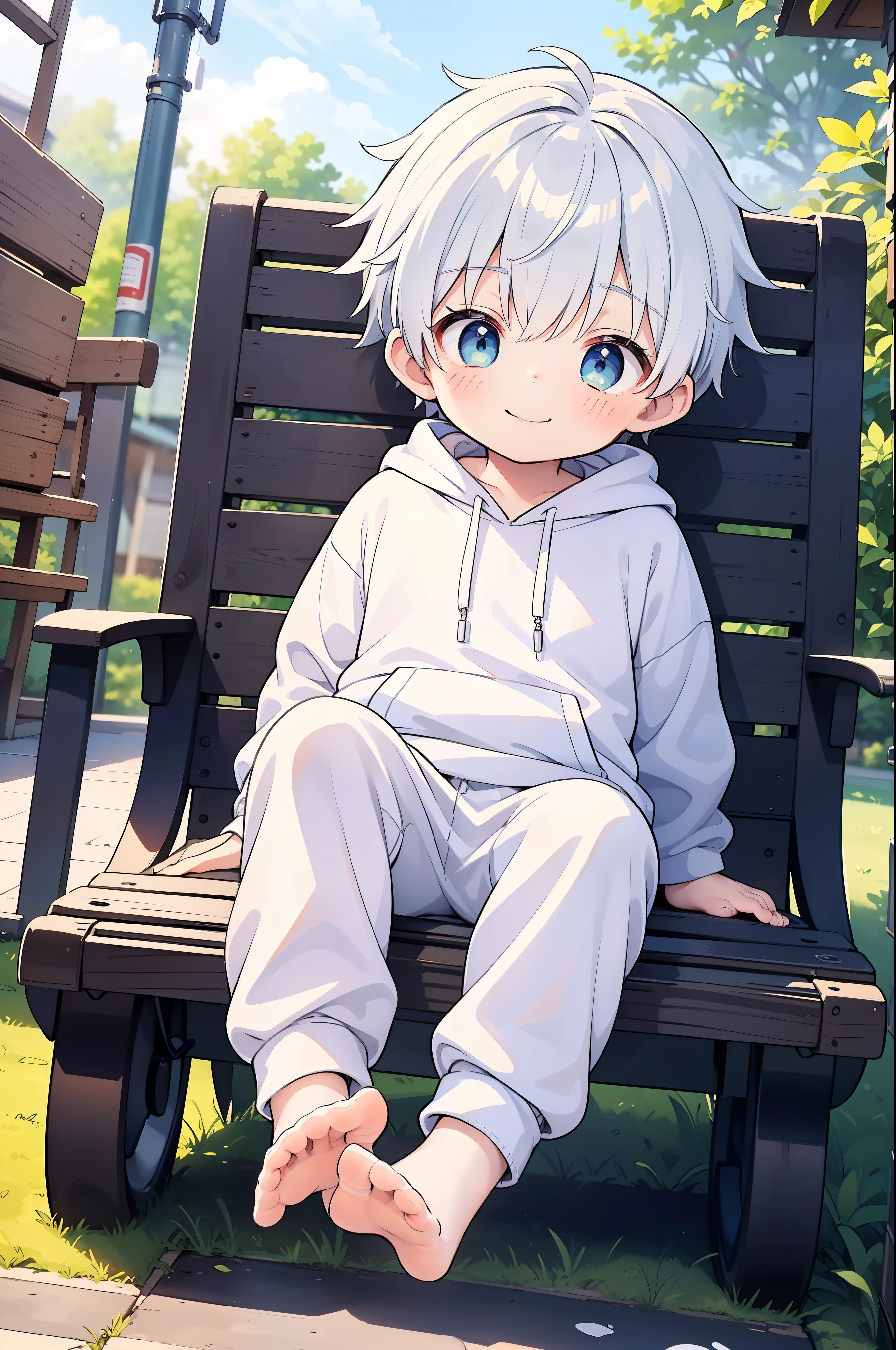 masterpiece, chubby **********s with white hair and shiny bright green eyes and small socks wearing a hoodie, and oversized Sweatpants sitting on a car roof, young, boys, child, small, toddler, soft light, (Sweatpants:1.4), (sock:1.4), (boys:1.4), (Shota:1.4), (young:1.4), (male:1.4), (smiling:1.4), (foot:1.4), (Shy:1.4), (soft:1.0), (color:1.0), (cute color:1.0),