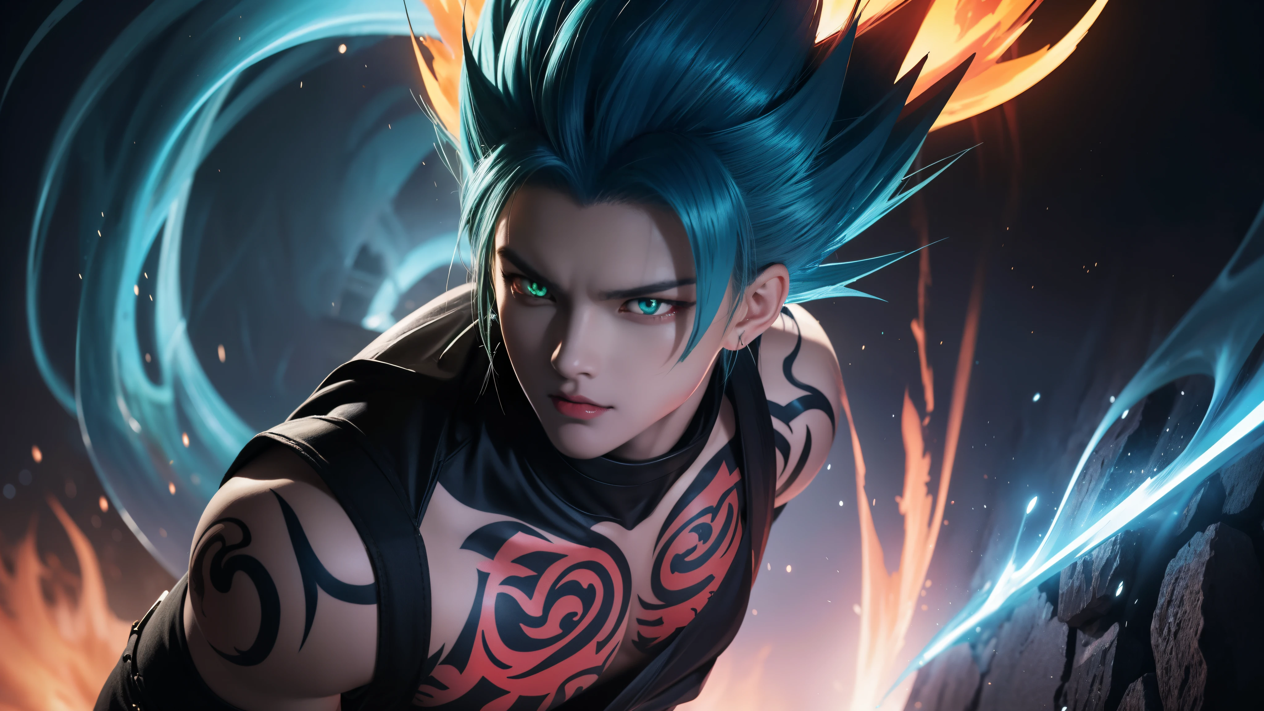 Green Trunks demon god with handsome face, glowing blue hair and tattoo, glowing red eyes, transformed state mode, extreme instinct, epic anime about energy man, fire, lava , epic anime artwork, concept art Dragon Ball Universe Concept, 8k manga wallpaper, detailed digital anime art, advanced digital anime art, detailed anime artwork , bad anime 8k