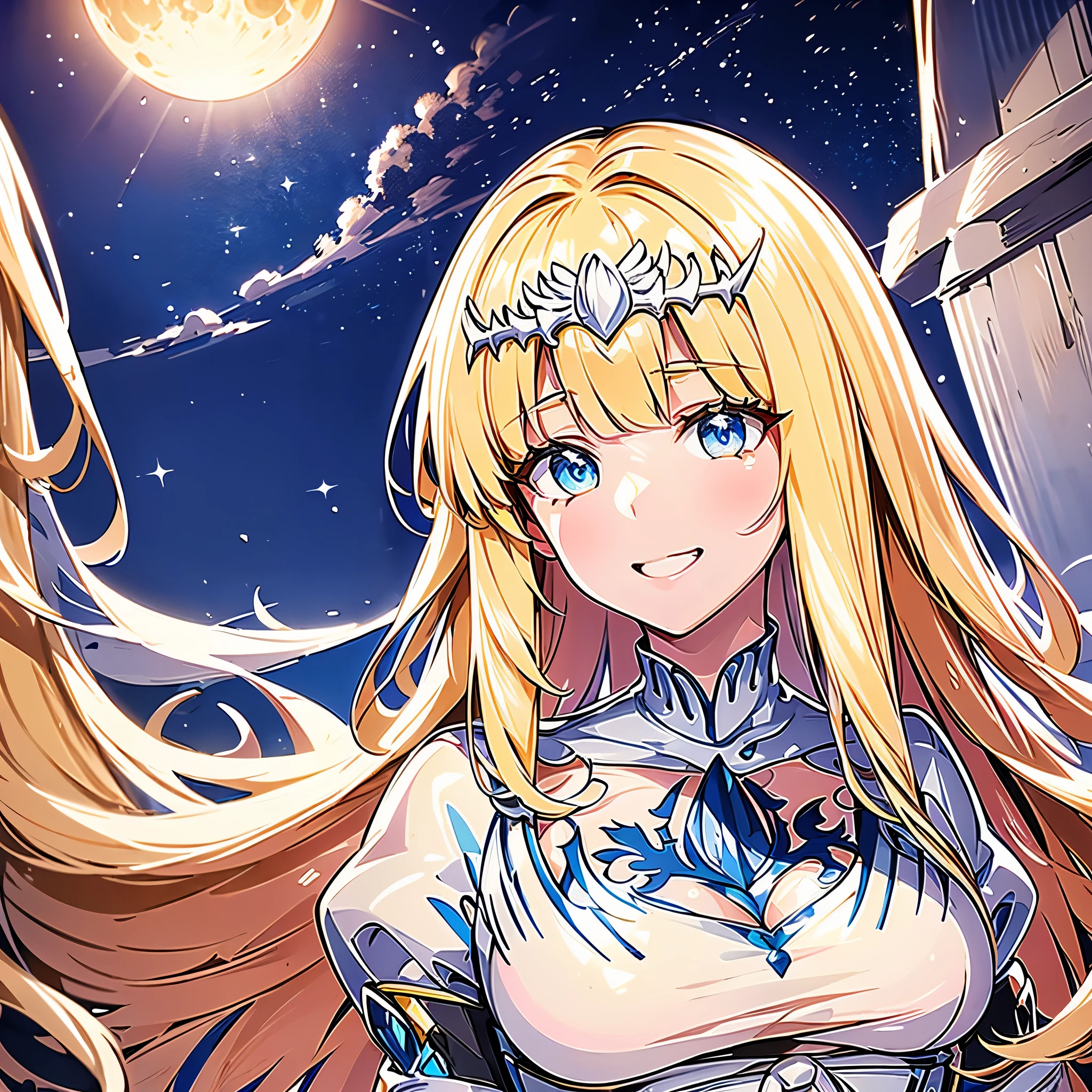 sparkling eyes,,feather hair ornament,Fantastic, highly detailed very beautiful big smile face, beautifully detailed hair, solo,superfine illustration,night sky,full moon, 1girl, Calca, blonde hair, extremely long hair, white tiara, white dress, blue eyes, medium breasts