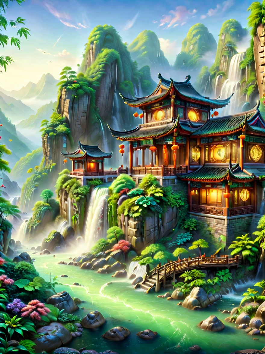 A breathtaking scene of China's famously beautiful waterfall, showcasing its majestic flow amidst a lush, vibrant landscape. The waterfall cascades over steep cliffs, surrounded by dense forests and mist rising from the impact zone. Traditional Chinese architecture, such as pavilions or bridges, subtly integrates into the scene, enhancing the cultural and natural harmony. The image captures the essence of tranquility and the awe-inspiring power of nature, with crystal-clear water sparkling under the sunlight, creating a serene and picturesque setting that epitomizes the ultimate beauty of Chinese landscapes.