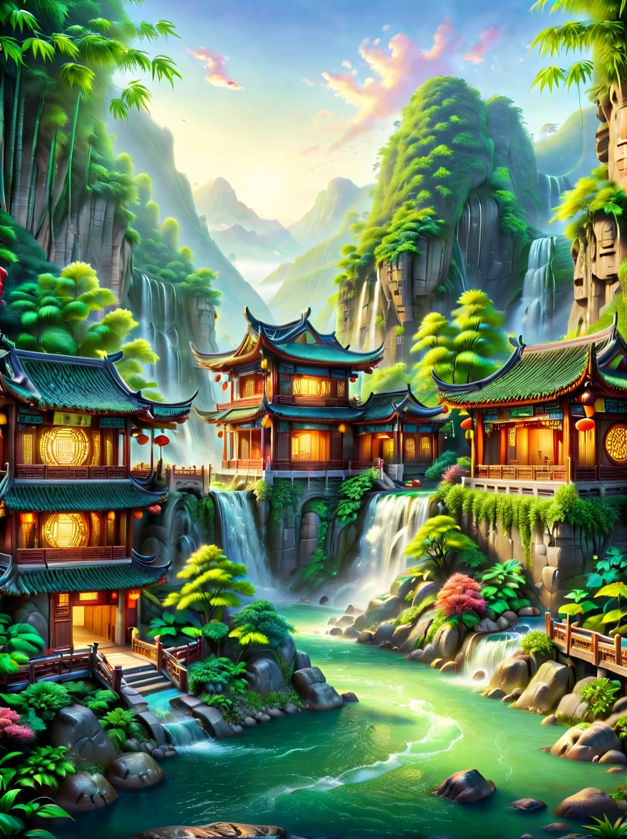 A breathtaking scene of China's famously beautiful waterfall, showcasing its majestic flow amidst a lush, vibrant landscape. The waterfall cascades over steep cliffs, surrounded by dense forests and mist rising from the impact zone. Traditional Chinese architecture, such as pavilions or bridges, subtly integrates into the scene, enhancing the cultural and natural harmony. The image captures the essence of tranquility and the awe-inspiring power of nature, with crystal-clear water sparkling under the sunlight, creating a serene and picturesque setting that epitomizes the ultimate beauty of Chinese landscapes.