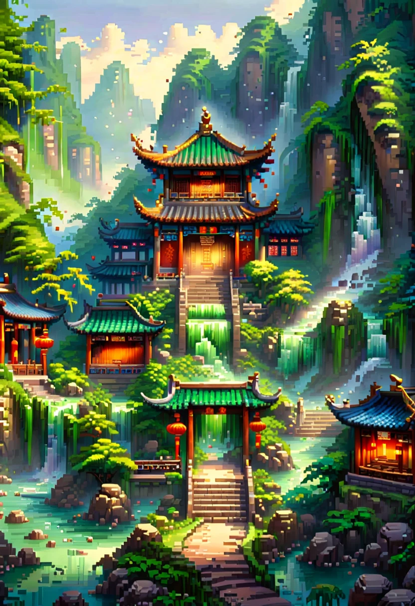 (Pixel game art style:1.2)，(masterpiece, best quality:1.2), A breathtaking scene of China's famously beautiful waterfall, showcasing its majestic flow amidst a lush, vibrant landscape. The waterfall cascades over steep cliffs, surrounded by dense forests and mist rising from the impact zone. Traditional Chinese architecture, such as pavilions or bridges, subtly integrates into the scene, enhancing the cultural and natural harmony. The image captures the essence of tranquility and the awe-inspiring power of nature, with crystal-clear water sparkling under the sunlight, creating a serene and picturesque setting that epitomizes the ultimate beauty of Chinese landscapes.