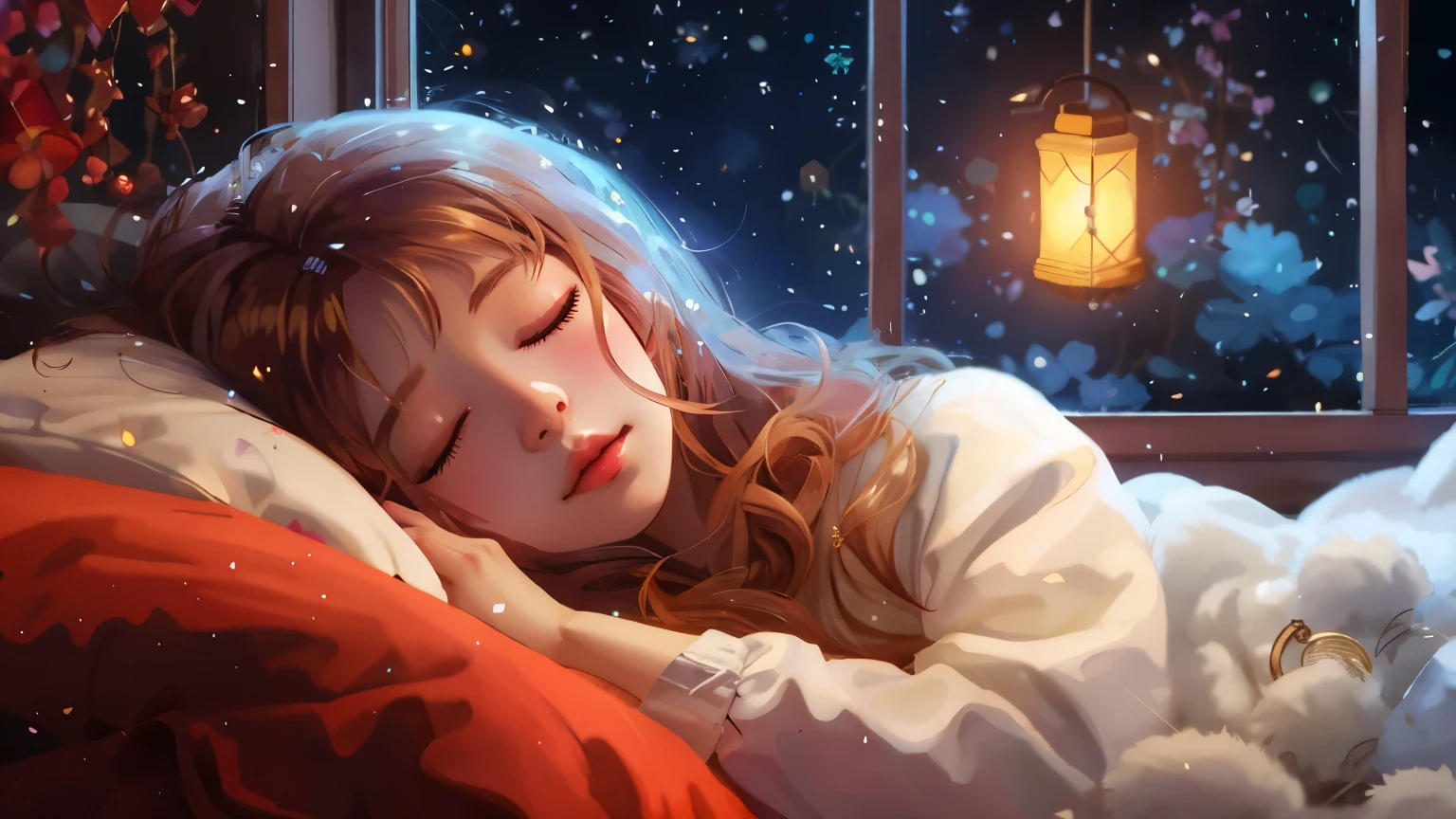 There&#39;sleeping in bed with a lantern on the window.baby, dreaming night, artwork in the style of Gweiz, Digital art Ilya Kubshinov, anime art wallpaper 4k, anime art wallpaper 4k, anime art wallpaper 8k, Realistic cute girl illustration, dreamy illustration, Trending on cgstation, beautiful digital art, Gweiz