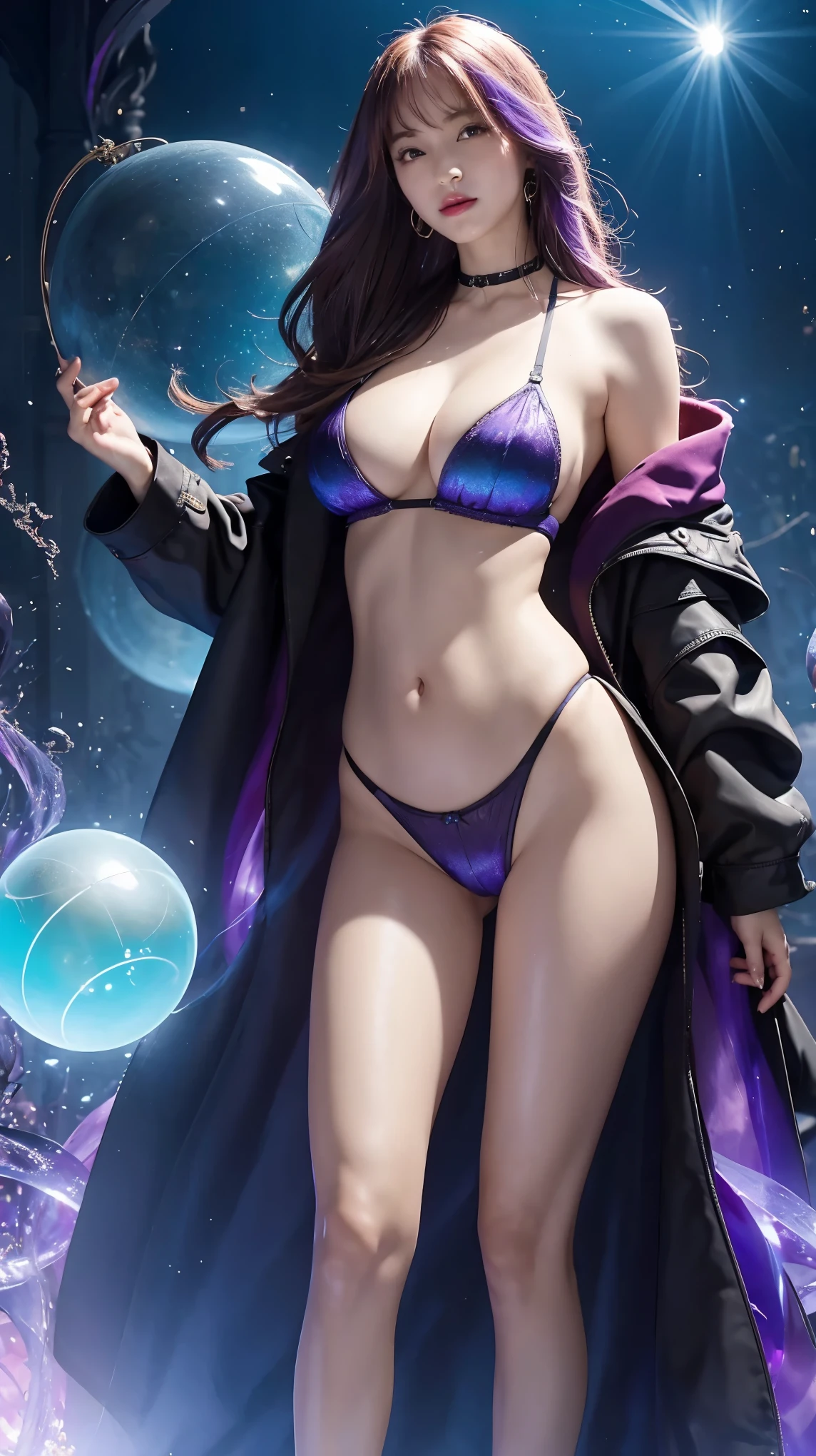 Masterpiece, best quality, 1girl, with long flowing iridescent hair in shades of purple, blue, and green, wearing a sexy black thong lingerie outfit, standing in a dramatic pose with one hand on her hip and the other holding a glowing, magical crystal ball. In the background, a swirling vortex of light and energy adds to the mysterious and enchanting atmosphere of the scene. glow hair, multicolor hair