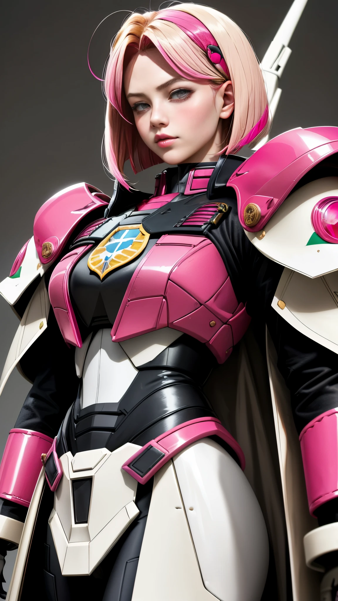 Realistic Red Sotheby Girl Photo,short bob cut,Her hair color is bright pink and has a gradation with blonde.,cool look,background is gray,Coat of arms of the Principality of Zeon,The 16-year-old daughter of Hamankarn and Char Aznable.,