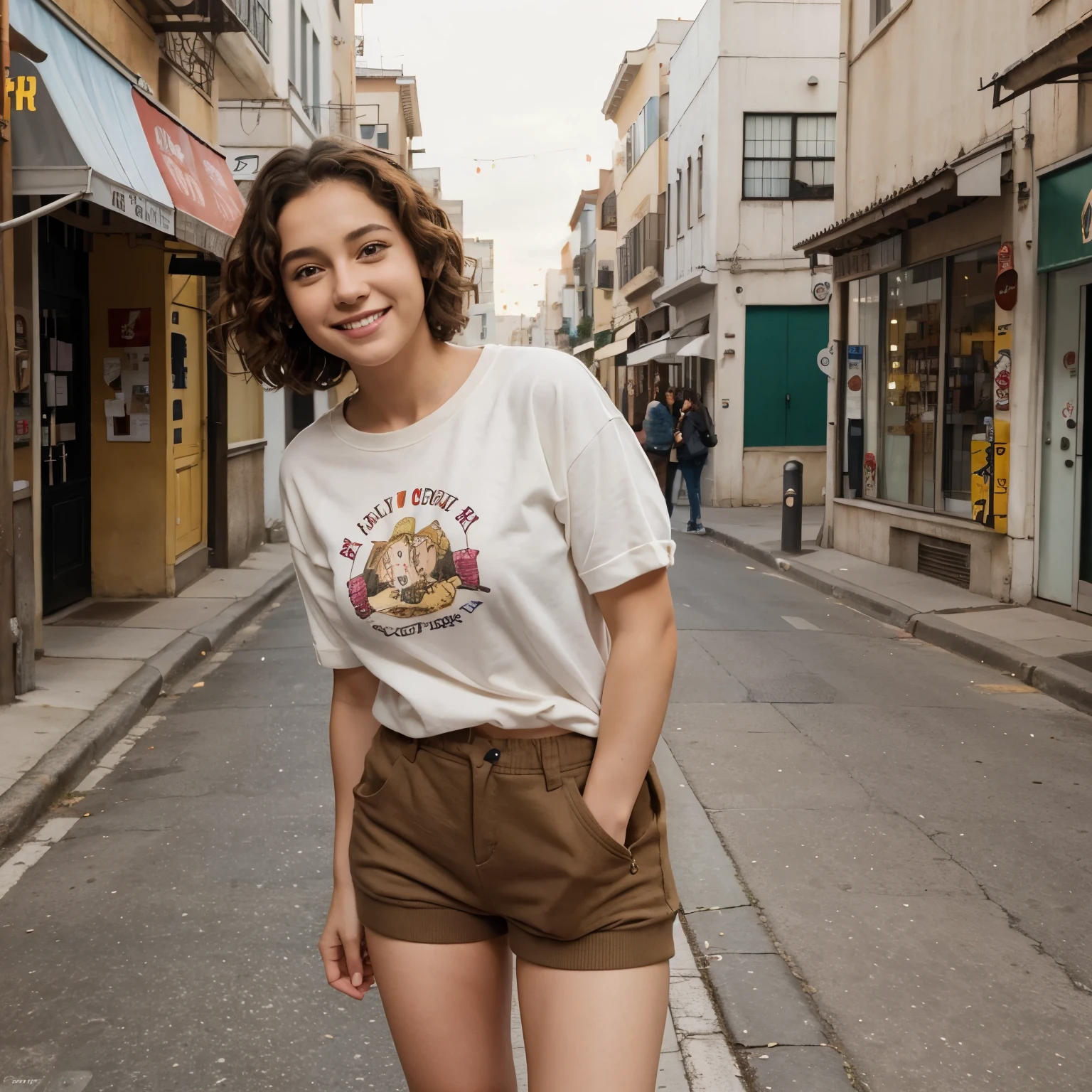 (Mejor calidad:0.8) perfect anime illustration, una bonita, happy woman with short curly brown hair on the city street, usando una sudadera con capucha, falda y flats