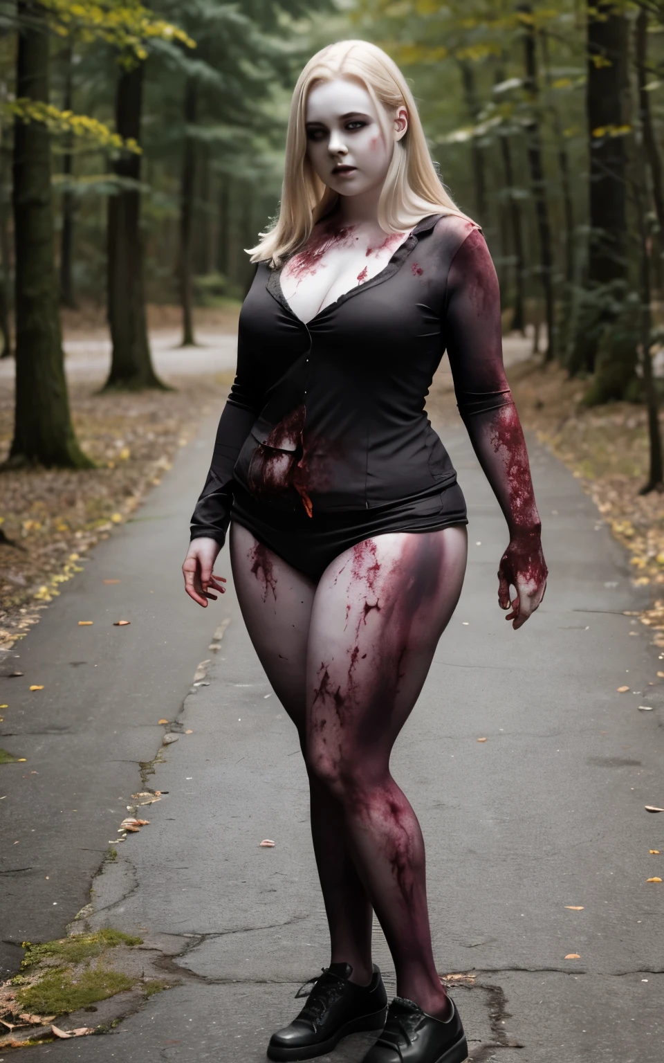 Chubby pale skin zombie woman, full body, erratic stand pose