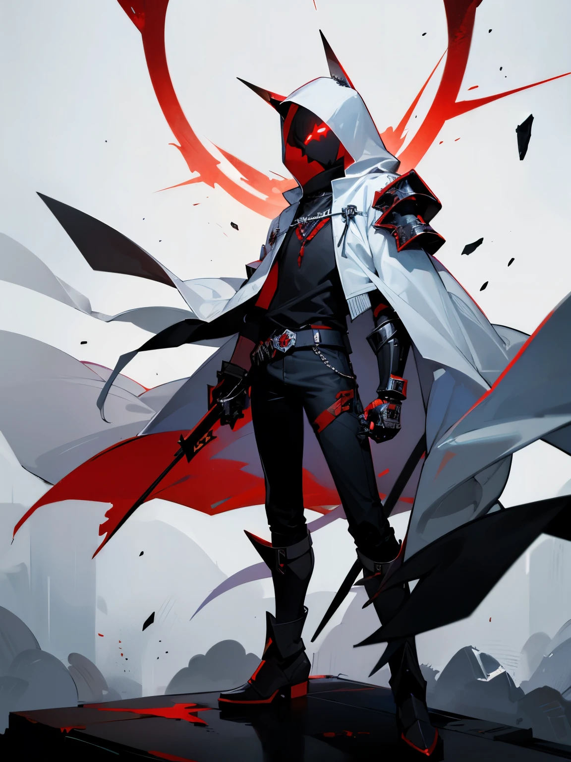 Ataty is a Anime dark boy white hooded coat with white tactical mask with black jeans and black boots with red eyes glowing(internal armor)(leather gauntlet with black stone on left arm)