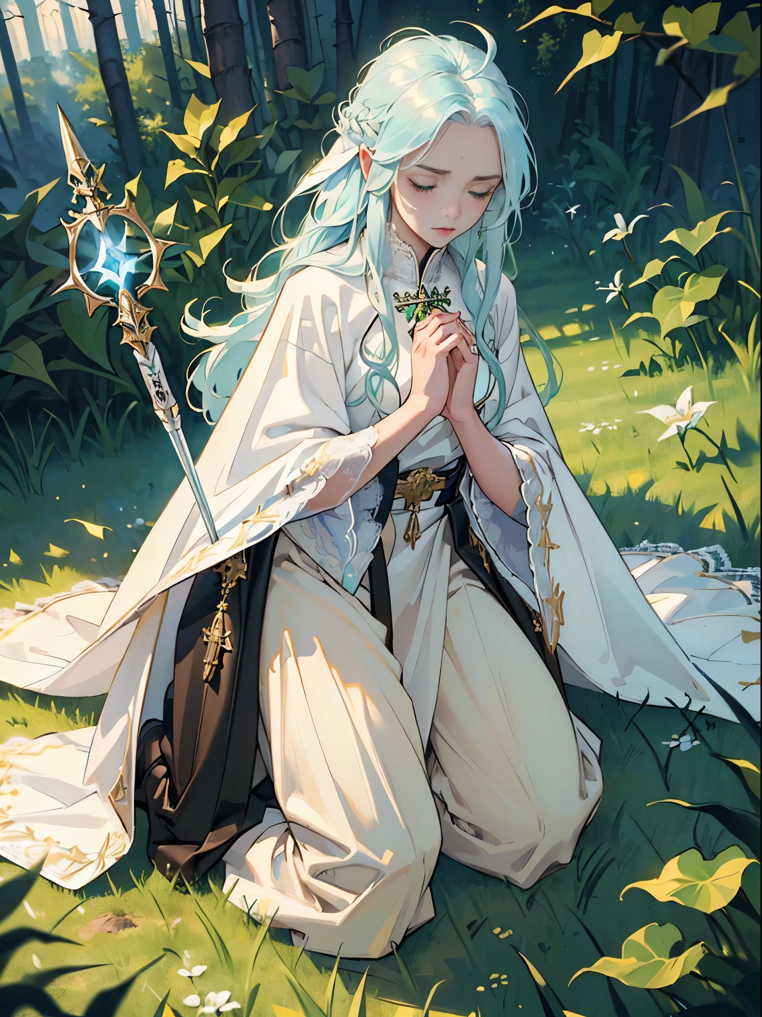 masterpiece, ultra detailed, 8k portrait, RAW photo, portrait photography, Highly detailed face, beautiful, (close eyes), ((Fantasy)), Young beautiful, (((Female priest))), (((((wariza))))), (((pray with your hands together in front of your chest))), ((light blue long thin hair)), ahoge, forehead, Gentle face, White skin, (((green and white puffy sleeve lace priest robes))), ((brown cape)) Fluttering in the wind, (((lowleg kneel length pants))), Leather boots, ((((equip a magic wand)))), Midday Sun, Hyper realistic, Body model, Small breasts, Beautiful breasts, Long legs, early morning sunrise, in the medieval battle fields, Ambient lighting, Shadow details, Camera focus on face, strong breeze, Light fog, (((((Intense light is overflowing from the source)))))