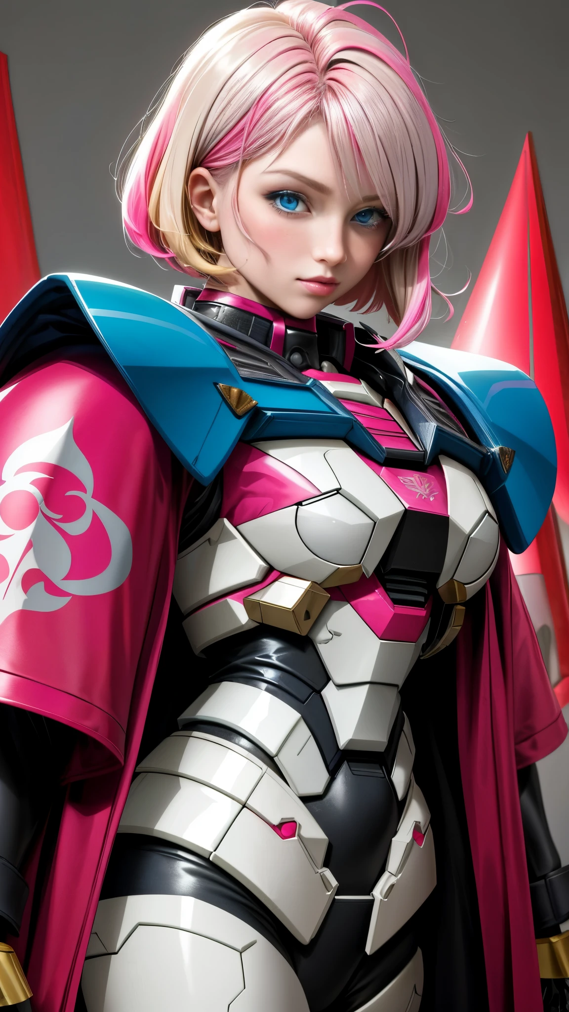 Realistic Red Sotheby Girl Photo，short bob cut，Beautiful blue eyes，Her hair color is bright pink and has a gradation with blonde.，cool look，background is gray，Coat of arms of the Principality of Zeon，The 16-year-old daughter of Hamankarn and Char Aznable.，