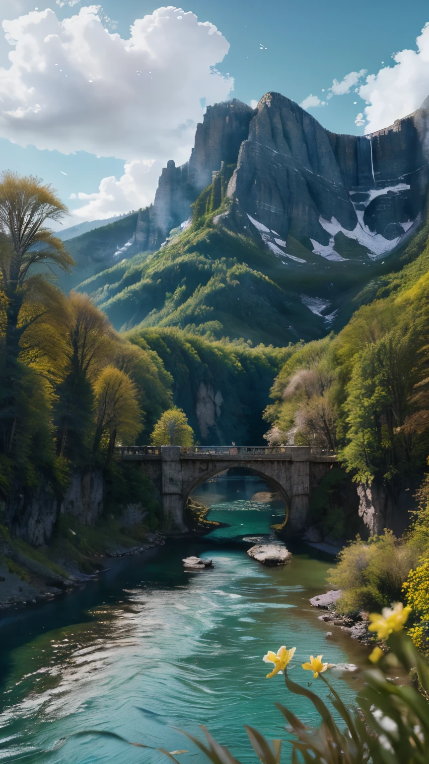 masterpiece, best quality, high quality, extremely detailed CG unity 8k wallpaper, scenery, outdoors, sky, cloud, day, no humans, mountain, landscape, water, tree, blue sky, waterfall, cliff, nature, lake, river, cloudy sky,award winning photography, Bokeh, Depth of Field, HDR, bloom, Chromatic Aberration ,Photorealistic,extremely detailed, trending on artstation, trending on CGsociety, Intricate, High Detail, dramatic, art by midjourney