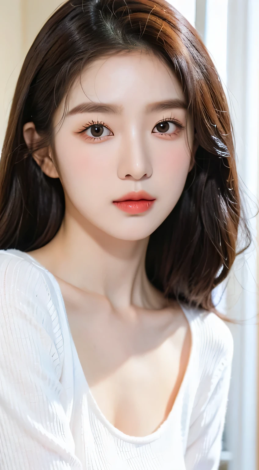 A woman with long hair and a white sweater poses for a photo, beautiful aesthetic face, 年輕cute korean face, Beautiful Korean woman, Beautiful young Korean woman, Beautiful young Korean woman, cute korean face, female beautiful face, Korean facial features, Korean popular makeup, Beautiful and delicate face, Korean popular makeup, Cute and delicate face, korean girl, Korean symmetrical face