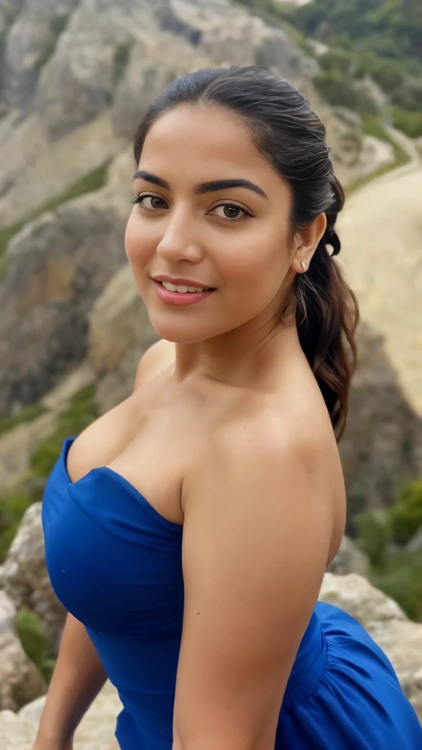 from bottom view, extreme close up photo of sexy latina, big cheeks, hourglass figure, swooping breasts, open arms, sexy armpits, doing push ups on mountains, ponytail, necklace, blue strapless dress, look at viewer and subtle smile, (cinematic:1.3), intricate details, (ArtStation:1.2)