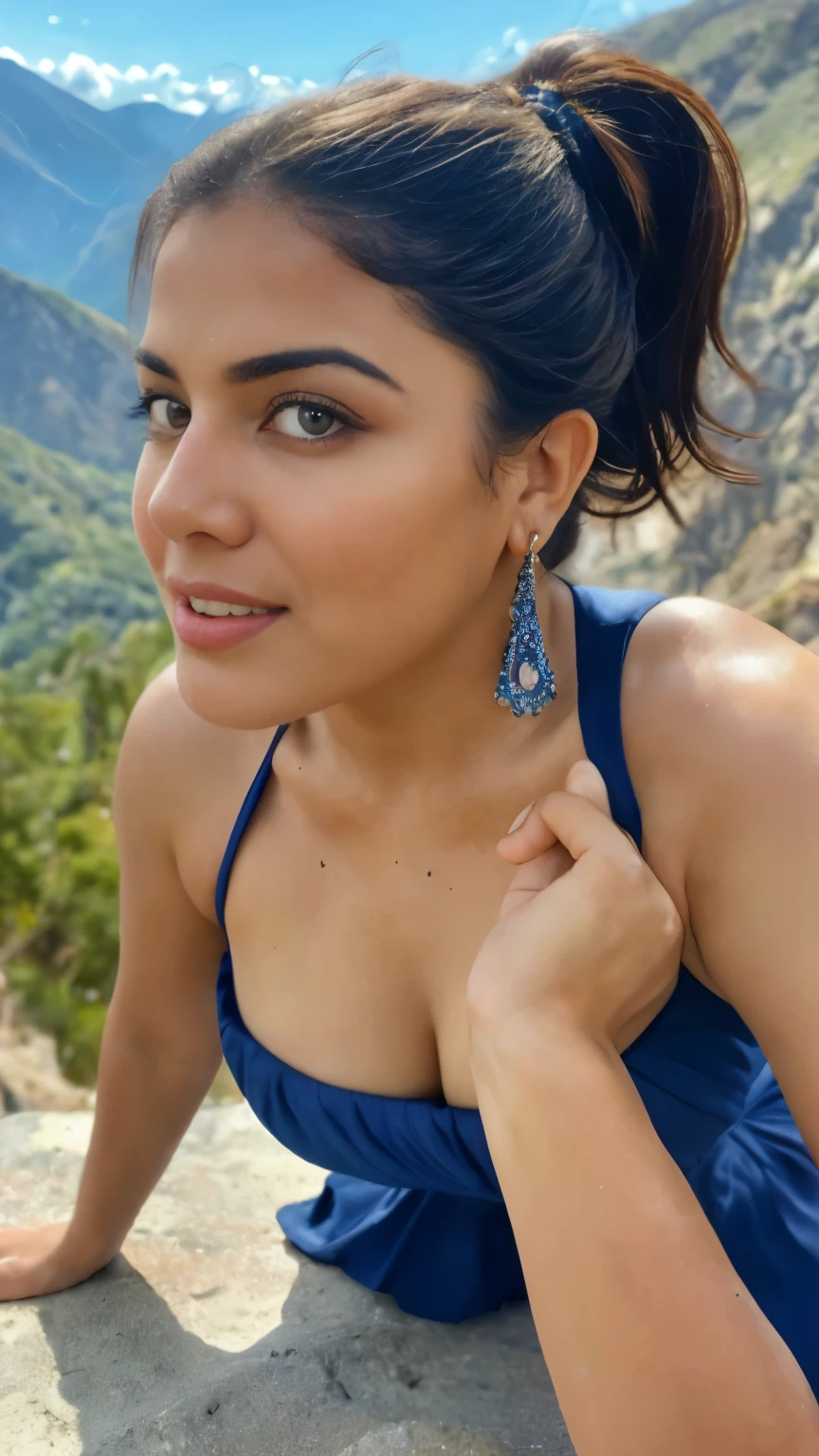 from bottom view, extreme close up photo of sexy latina, big cheeks, hourglass figure, swooping breasts, open arms, sexy armpits, doing push ups on mountains, ponytail, necklace, blue strapless dress, look at viewer and subtle smile, (cinematic:1.3), intricate details, (ArtStation:1.2)