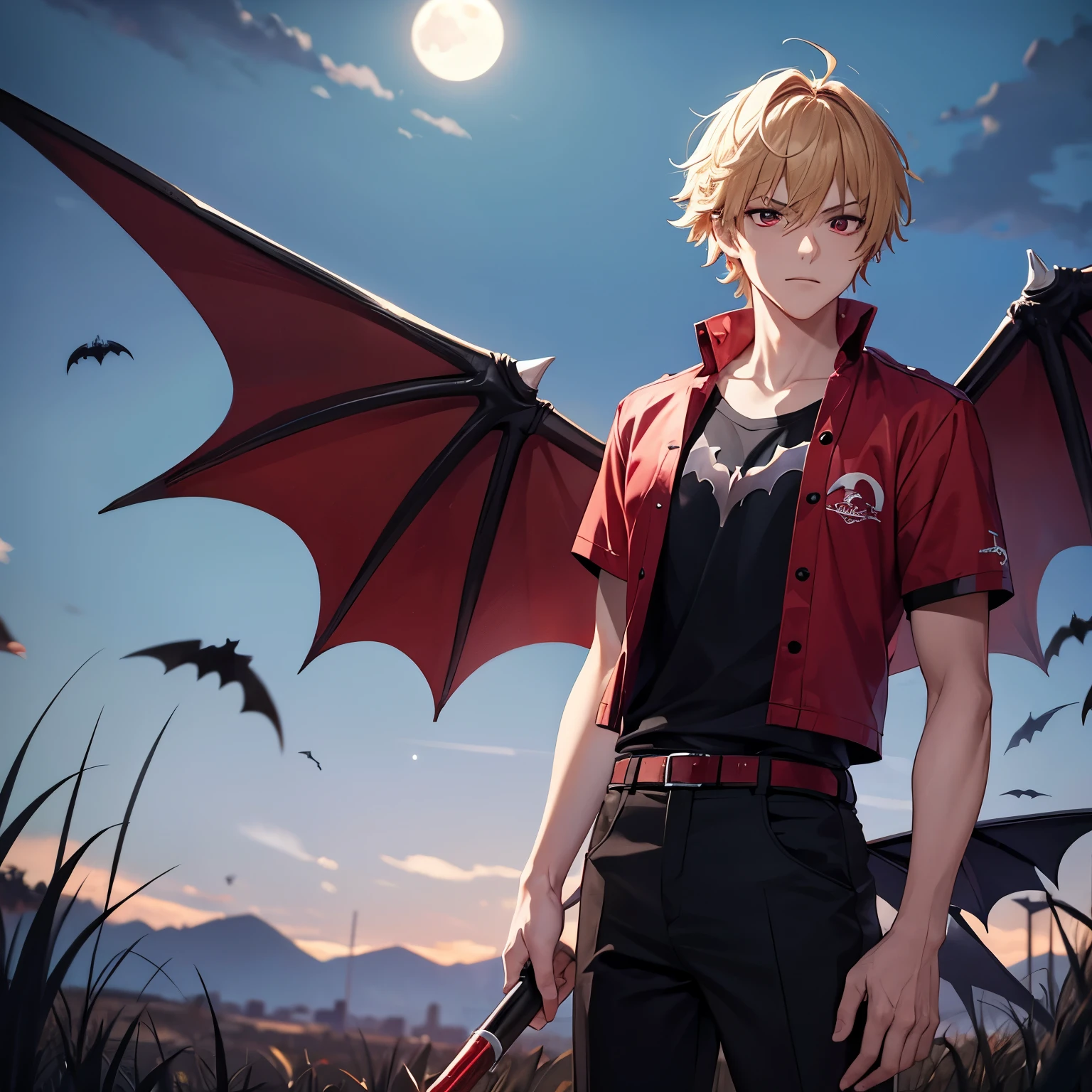 male, 20 years old, short blonde hair, messy hair, bat wings on his back,Angry expression, bright red eyes,vampire, vampire teeth, on the grass hill, night, beautiful moon, black t-shirt, black trousers, full body photo, portrait, ultra detail, ultra HD