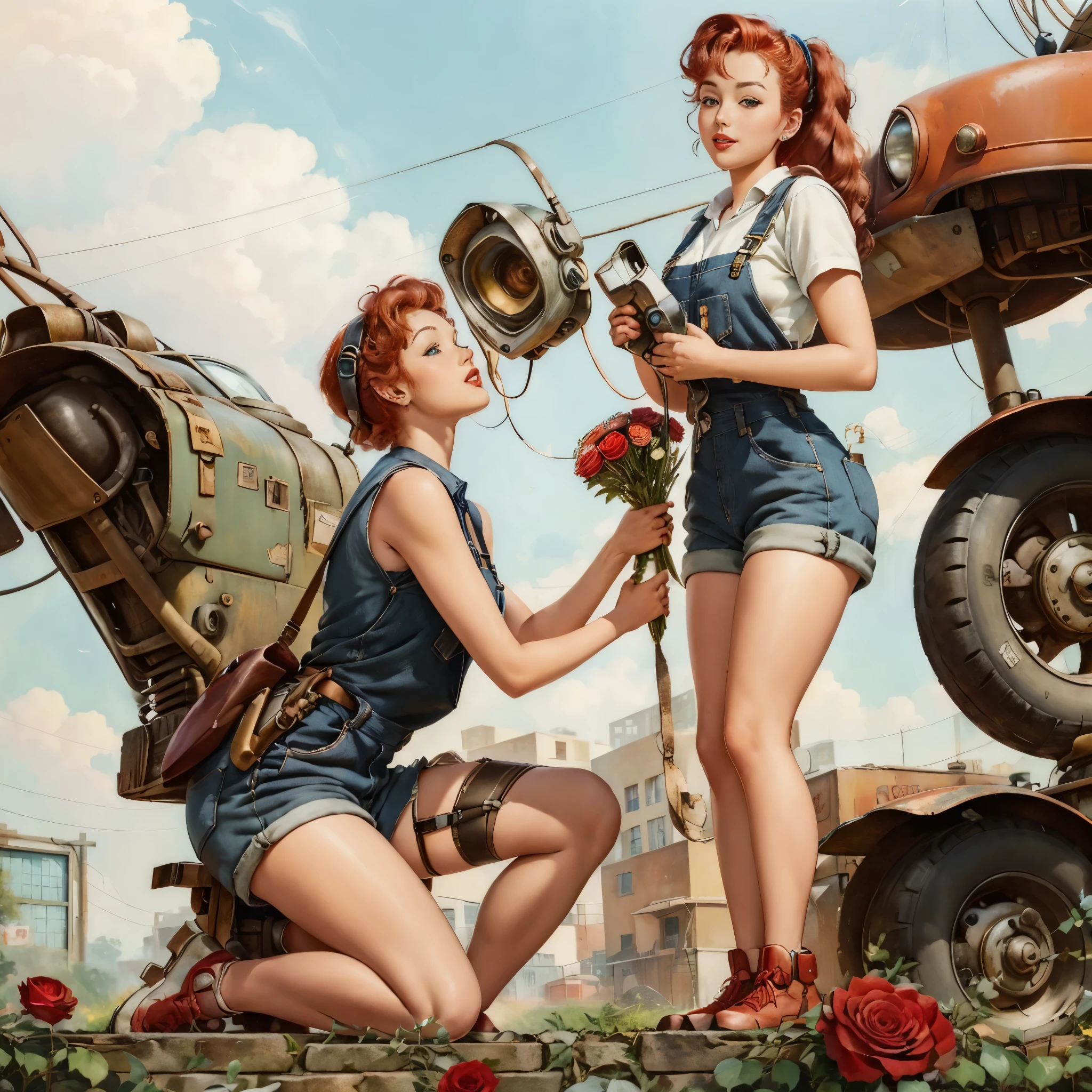 Pinup masterpiece, Old rusty robot standing on one knee, robot giving bouquet of roses to curly red-haired girl in mechanic's overalls, girl smiling, In the background yard of robot repair shop. Sunny, dynamic light