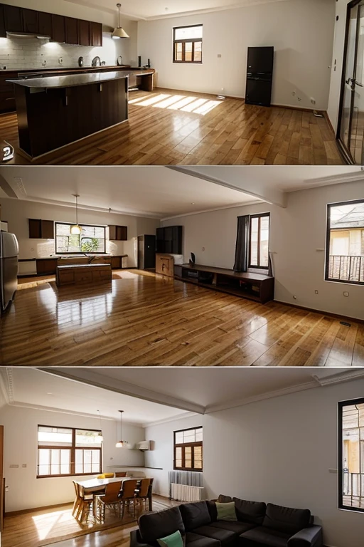 create the image and plan of a house with one floor, with a living room on the bottom with an open kitchen and three bedrooms on top with a suite, as cores da casa preferencialmente devem alternar entre preto e amarelo sem moveis