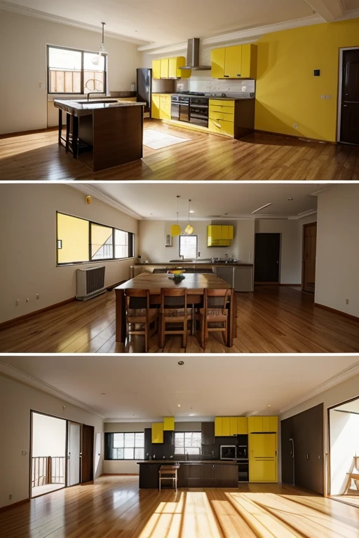 create the image and plan of a house with one floor, with a living room on the bottom with an open kitchen and three bedrooms on top with a suite, as cores da casa preferencialmente devem alternar entre preto e amarelo sem moveis