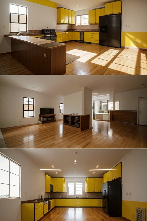 create the image and plan of a house with one floor, with a living room on the bottom with an open kitchen and three bedrooms on top with a suite, as cores da casa preferencialmente devem alternar entre preto e amarelo sem moveis