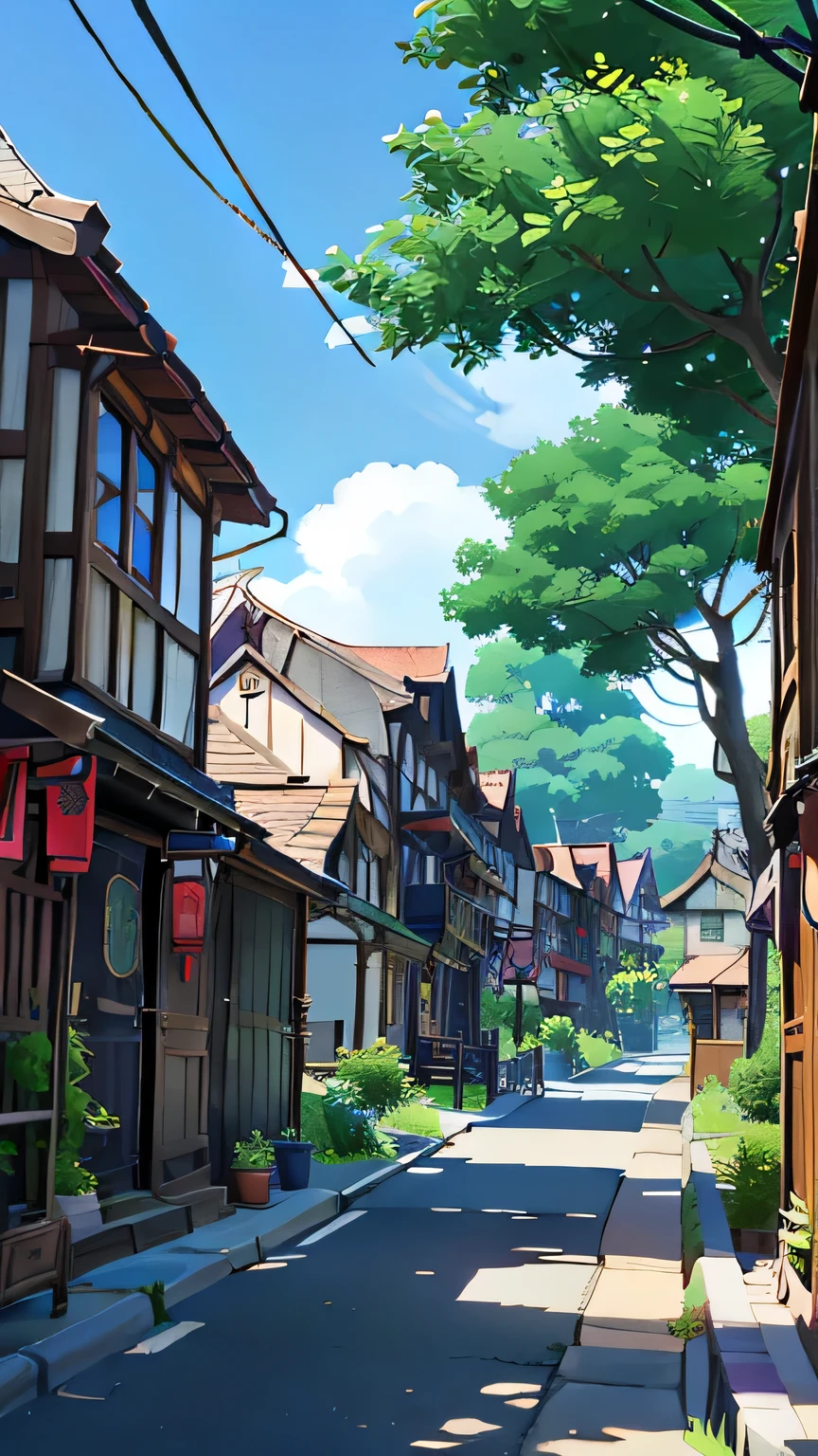 anime - style street scene with a tree and houses in the background, anime background art, style of makoto shinkai, japanese street, anime countryside landscape, beautiful anime scenery, anime scenery concept art, japanese neighborhood, anime scenery, residential area, beautiful anime scene, japanese town, makoto sinkai, studio glibly makoto shinkai, anime background