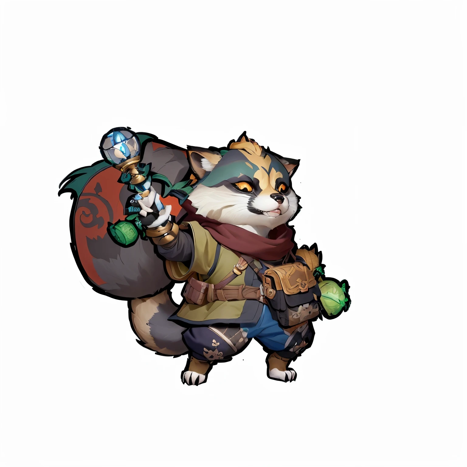 A cartoon raccoon carrying a backpack and a bag of food, ferret warrior, Anthropomorphic raccoon, Character art of Maple Leaf Story, merge characters, Tabaxi monk, official character art, Onmyoji portrait, Tabaxi :: rogue, Onmyoji, character artwork, Teemo, Fox fairy holding a torch, Gnoll, Dragon King