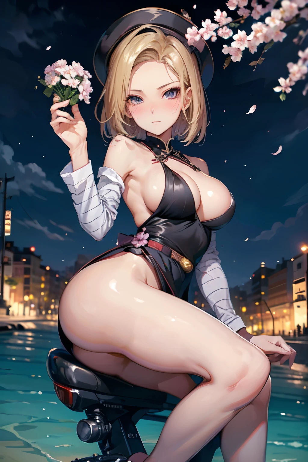 android18,anime style, solo, hat, short hair, blonde hair, ground vehicle, bicycle, looking at viewer, full body,short chinese clothes, cherry blossom background, dress, water, flower, long sleeves, floating hair, riding, holding, white flower, strange background,masterpiece, best quality, Ultra-precise depiction, Ultra-detailed depiction, official art,highres, BREAK, (extremely beautiful face),(high detailed face),beautiful detailed eyes, detailed lashes,(shiny skin), makeup,(blushing face erotic), BREAK, full body, ((toned slim body)),beautiful ass, toned buttocks, beautiful legs, BREAK, (((nice hands, perfect hands))), ((very beautiful breast)), BREAK, looking at the viewer,dynamic pose, angle pose, dynamic perspective ,dynamic movement, BREAK, (dynamic background), (((background based on the character's colors and clothing))),